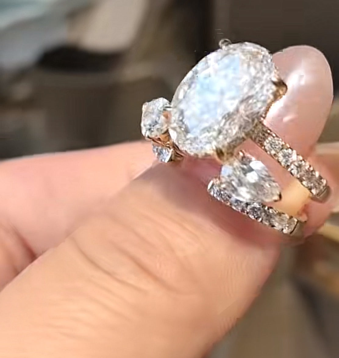 TIKTOK LIVESTREAM Ring set 3CT Lab Oval E VVS2 hidden halo +2pcs lab pear paved band  2 products