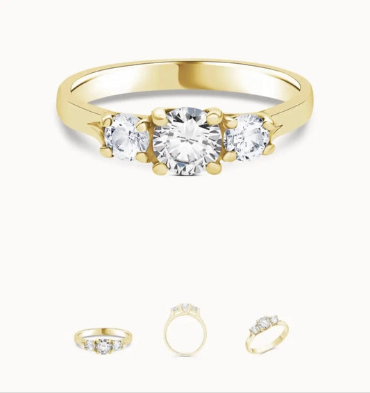 Kris TIKTOK LIVESTREAM solid 14K Yellow GOLD center 1CT round E VS1 3-stone side round  0.2ct-0.3ct each piece total 2pcs side stone Lab-Grown Diamond Ring with IGI Certificate size euro 53-54, US size 6.5-6.75
