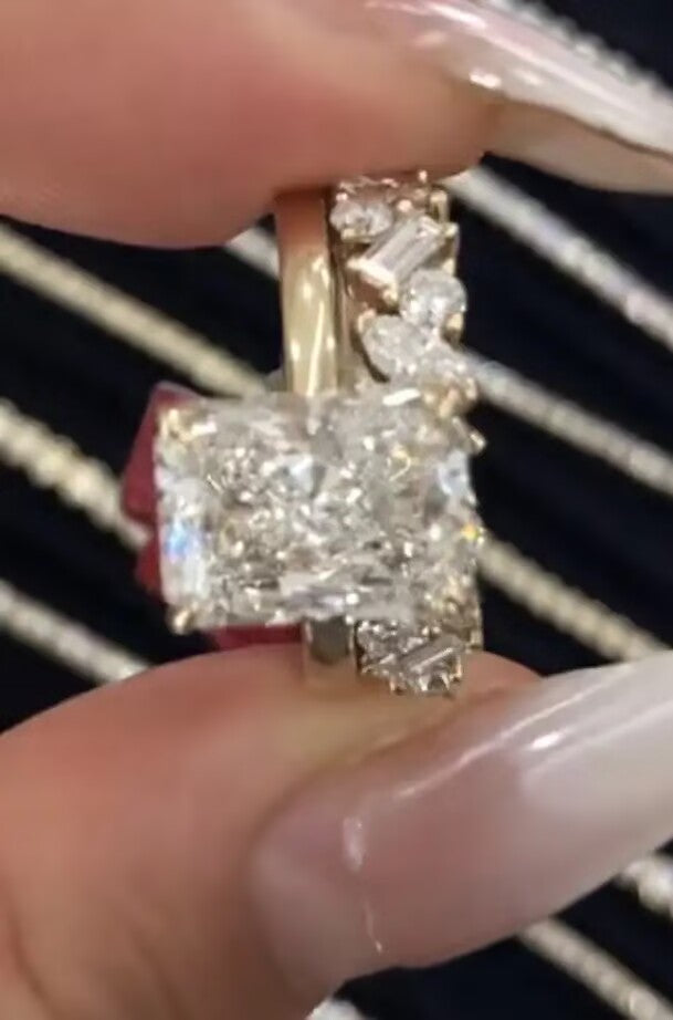 ME TIKTOK LIVESTREAM 2 rings Platinum 6ct elongated cushion E VS1 solitaire band ring lab grown diamond  IGI Certificate with mix stone matching band size 8.5