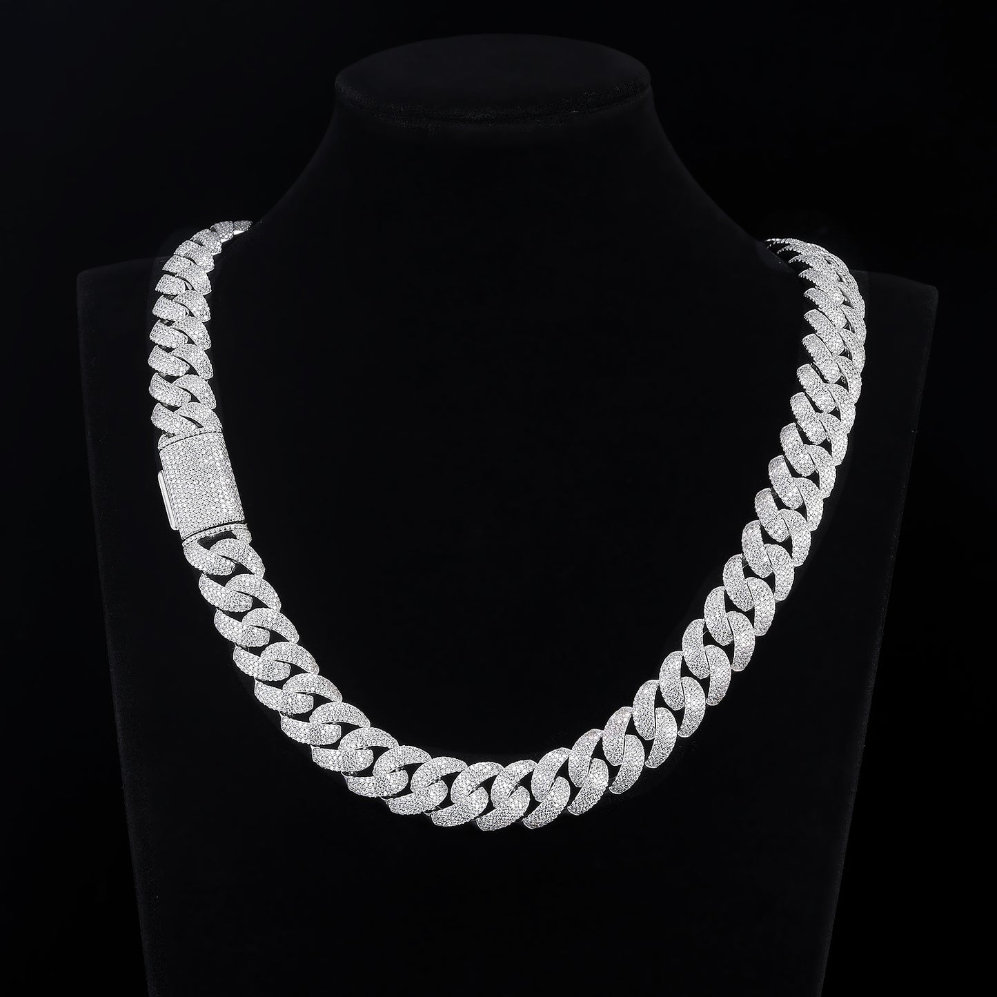MOISSANITE Miami 4-row 15mm Rounded Prong Miami Cuban Link Chain Necklace Bracelet, Solid 925 Sterling Silver, Lengths,PASSES DIAMOND Tester