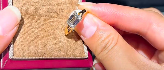 Jor TIKTOK LIVESTREAM solid 18K Yellow GOLD 2CT emerald cut east west setting split shank and hiddle halo E VVS2 size 8