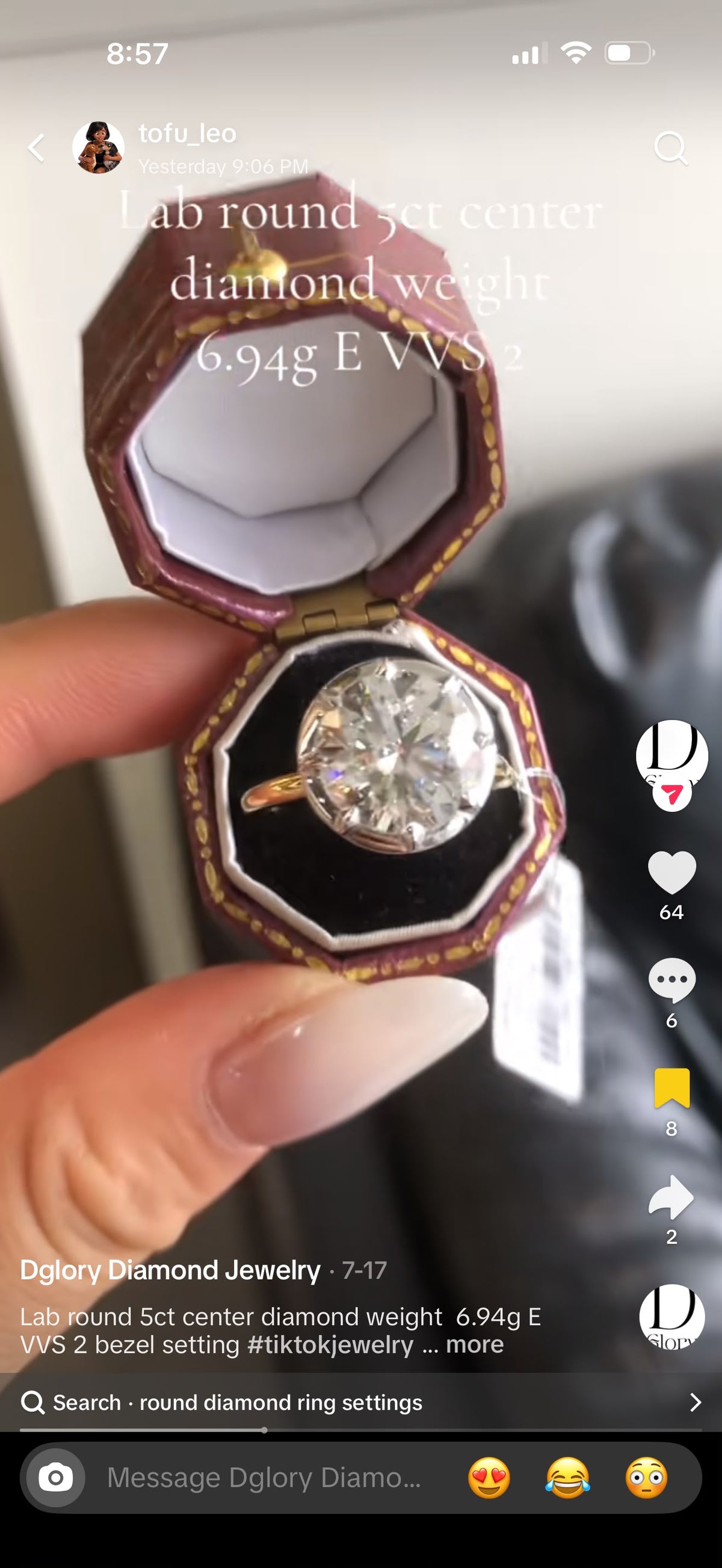 DI TIKTOK LIVESTREAM solid 14K all yellow gold 5ct Round brilliant cut E VS1 with IGI certificate beze setting with prongs size 8
