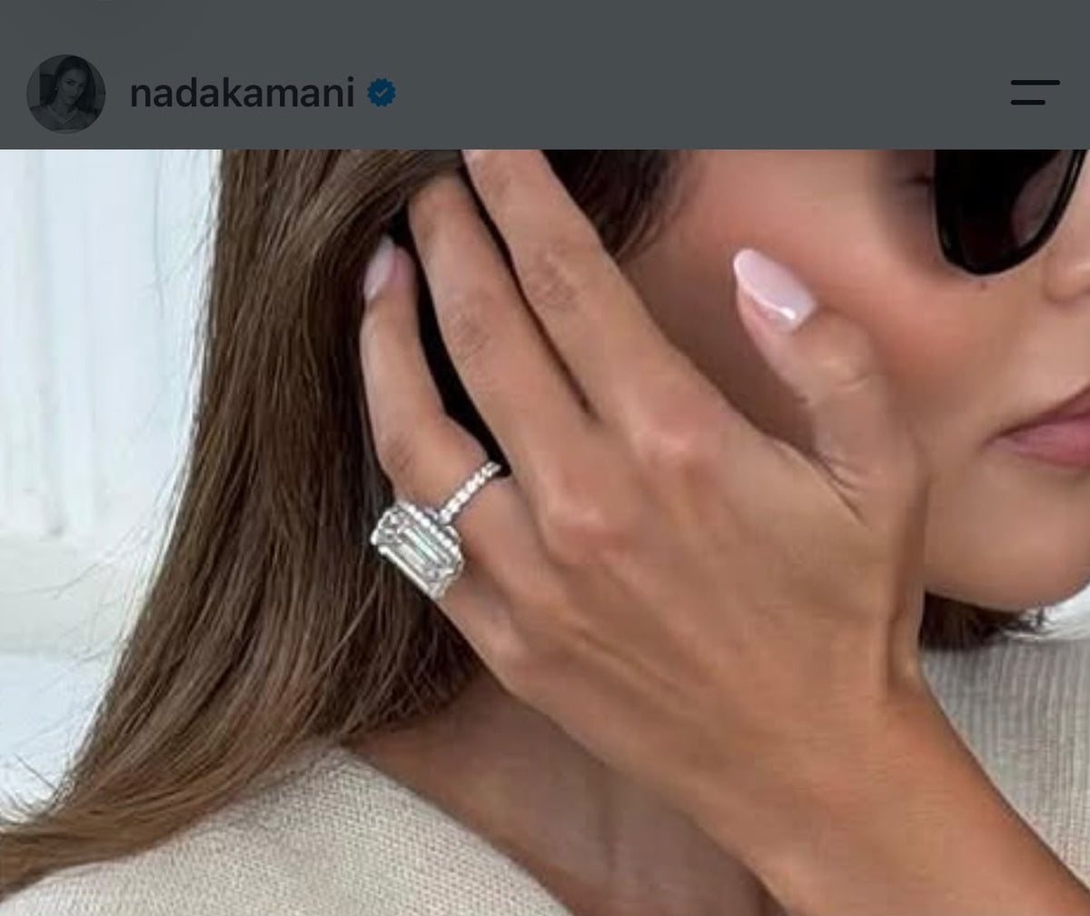 Sah TIKTOK LIVESTREAM 3-1 link 18K white gold 7ct Emerald cut E VVS2 7 carat oval E VVS2 with low halo with big stones that you can see from far. 2 mm pave band 3/4. High setting paved band size 7