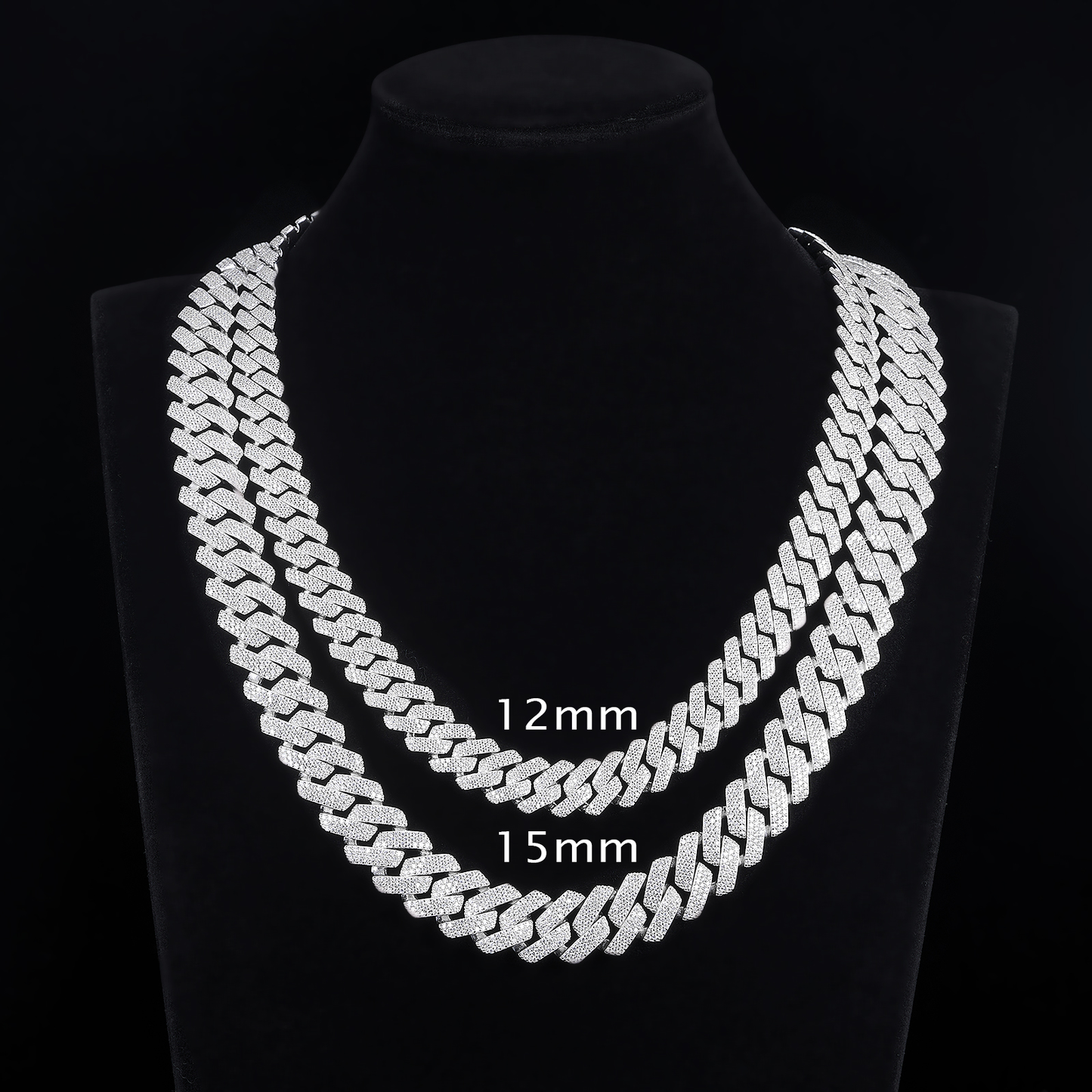 MOISSANITE 3-row Chain Prong 12mm 15mm Rounded Prong Cuban Link Chain Silver 925 Sterling Silver Chain, CustomLengths, PASSES DIAMOND Tester
