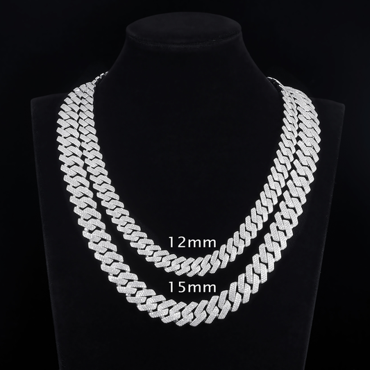 MOISSANITE 3-row Chain Prong 12mm 15mm Rounded Prong Cuban Link Chain Silver 925 Sterling Silver Chain, CustomLengths, PASSES DIAMOND Tester