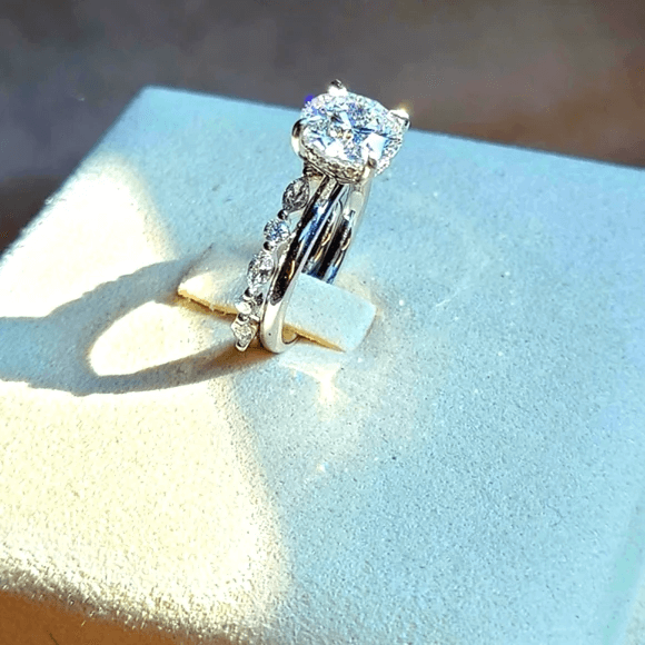 Solid 14k Gold 2.6ct (E VVS2) Lab Round Diamond Ring and Lab Marquise/Round Diamond Band( RO 835 )