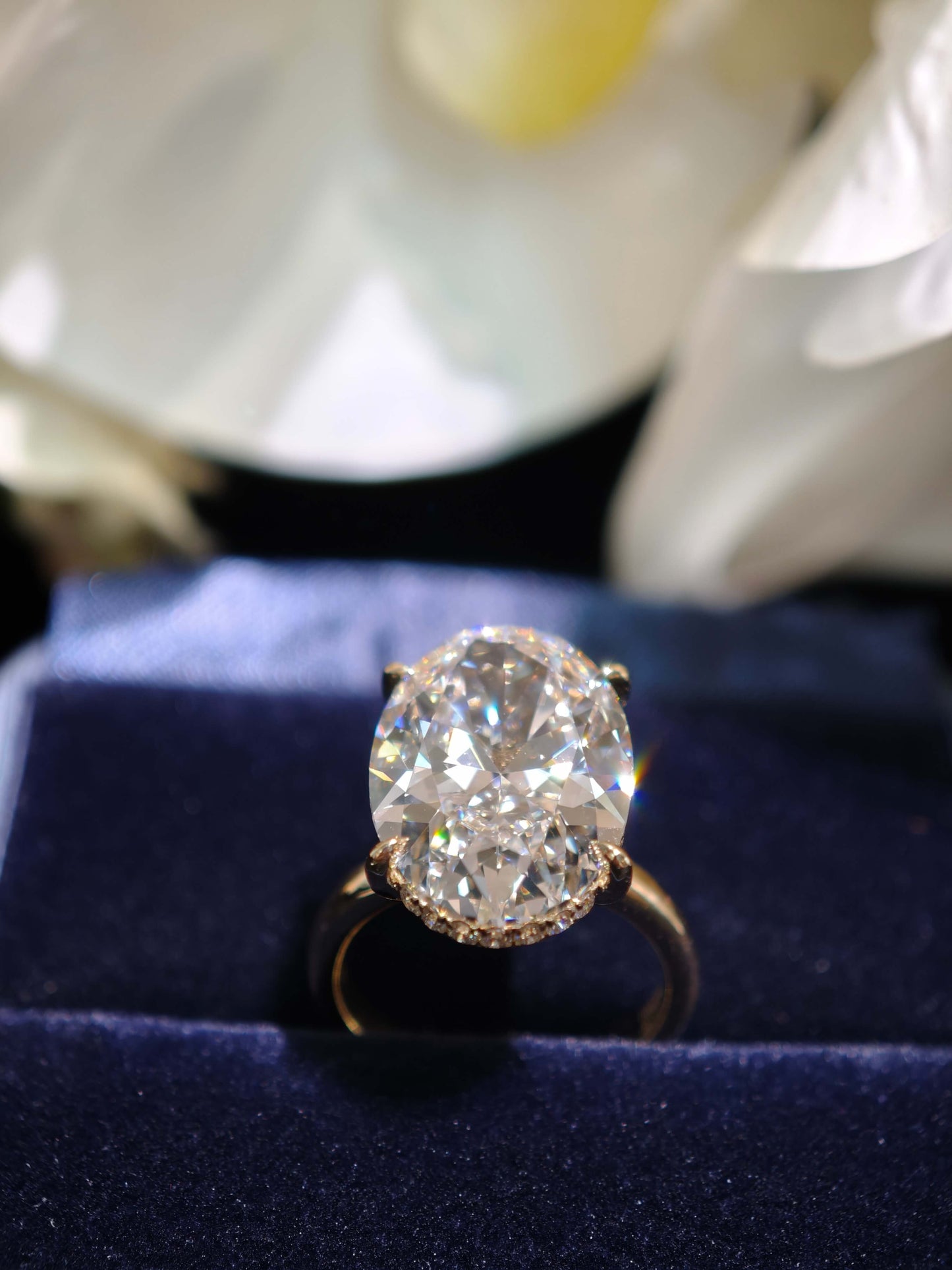 10.06ct Oval hidden halo Lab Grown Diamond Engagement Ring: 14K Yellow Gold Petal Setting (OVX 0019)