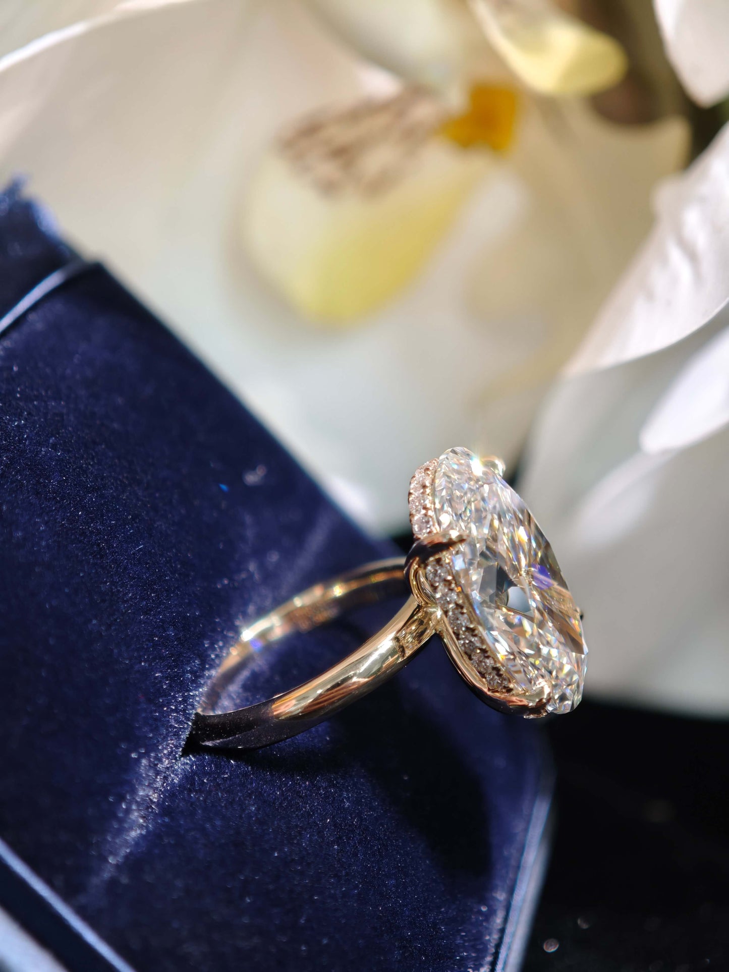 10.06ct Oval hidden halo Lab Grown Diamond Engagement Ring: 14K Yellow Gold Petal Setting (OVX 0019)