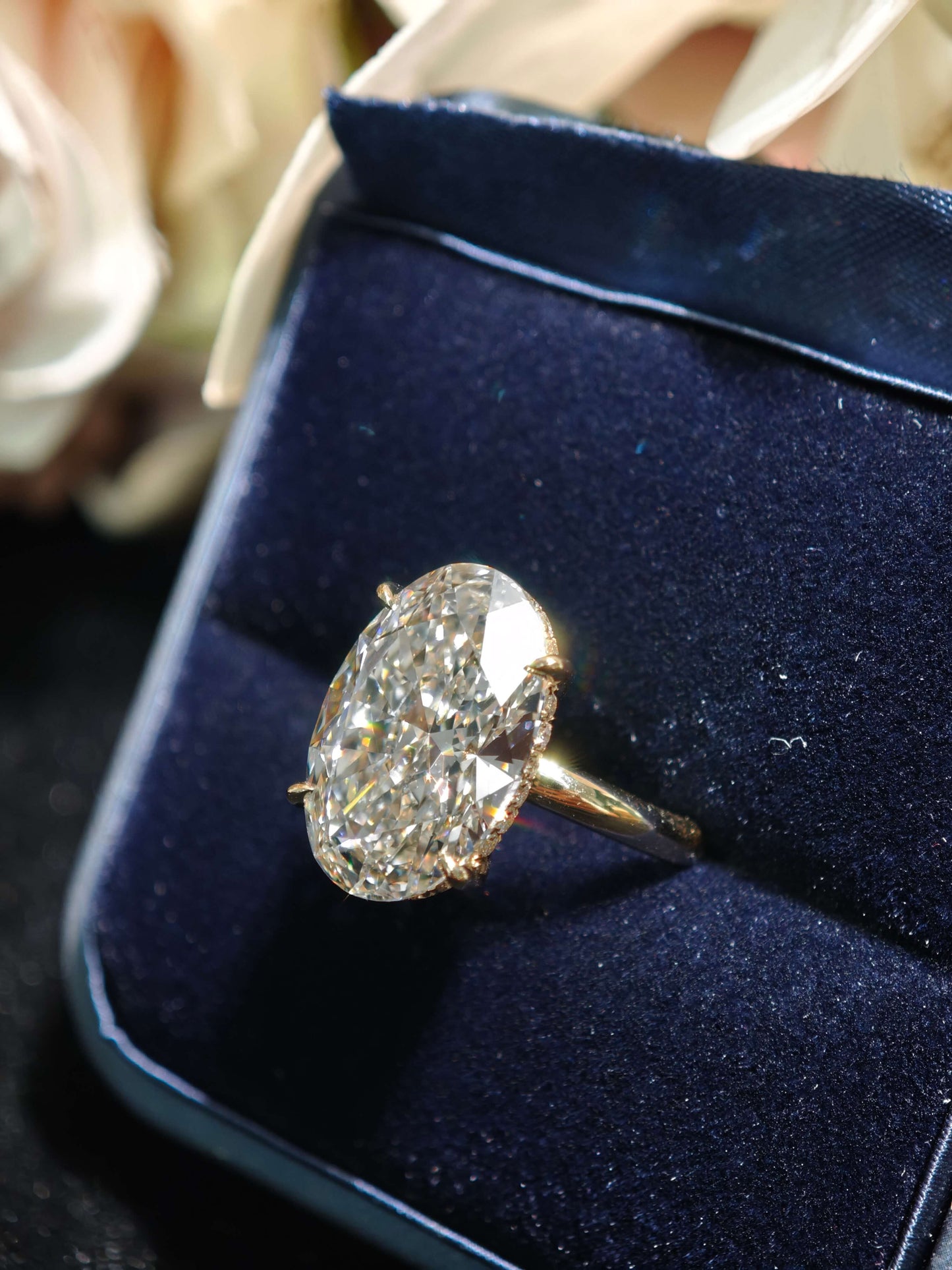 10.06ct Oval hidden halo Lab Grown Diamond Engagement Ring: 14K Yellow Gold Petal Setting (OVX 0019)