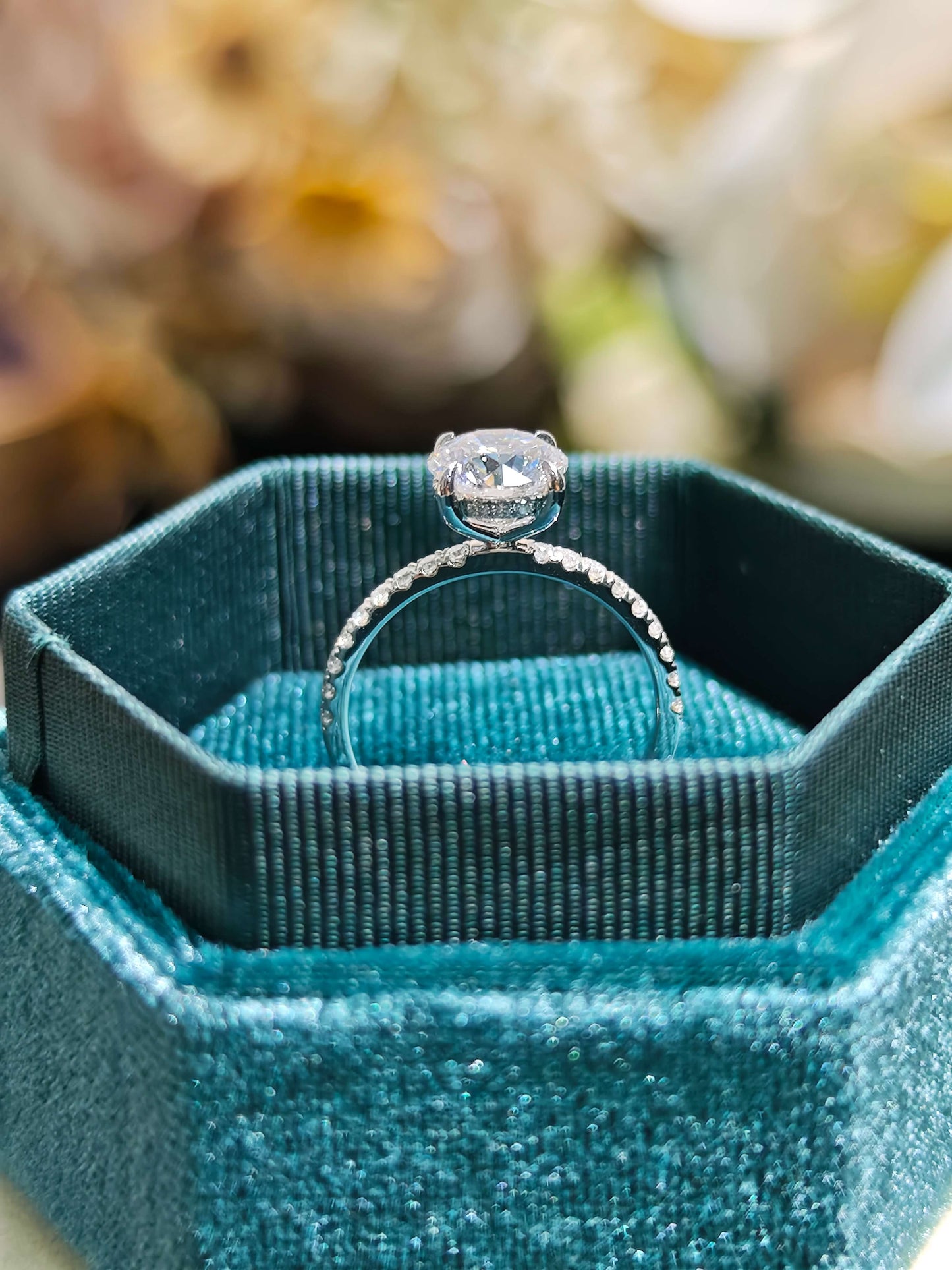 1.5ct Hidden Halo Lab Diamond Round Brilliant Cut 14k White Gold Ring: Hidden Halo, Engagement Ring, Paved Band IGI Certified ( ROX 0890 )