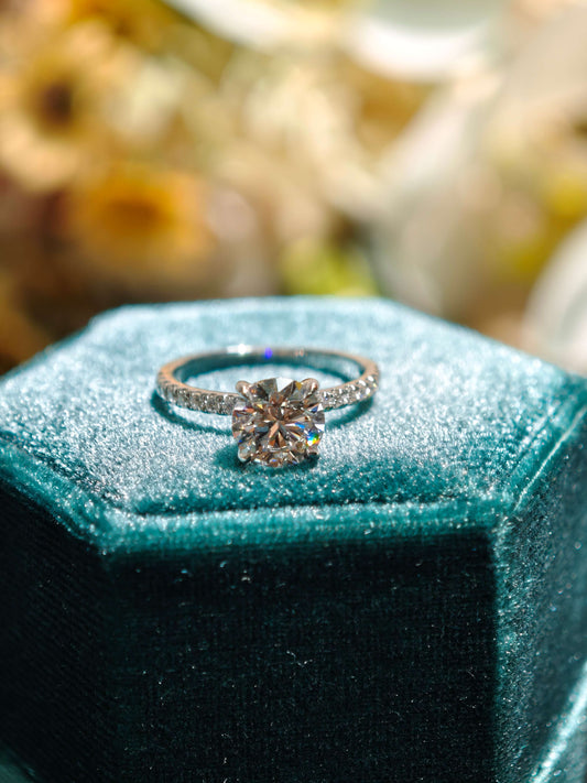 1.5ct Hidden Halo Lab Diamond Round Brilliant Cut 14k White Gold Ring: Hidden Halo, Engagement Ring, Paved Band IGI Certified ( ROX 0890 )