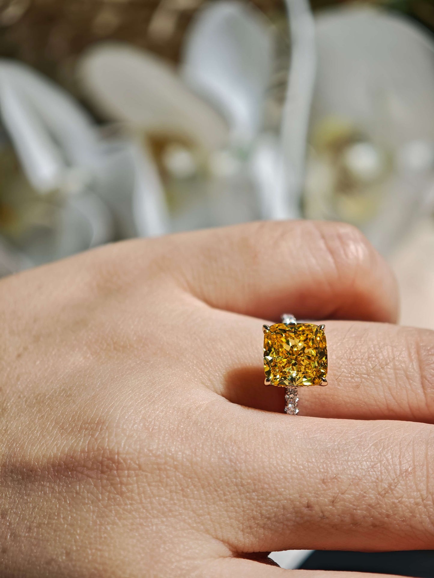 3.88ct Cushion Lab Grown Vivid Yellow Diamond Engagement Ring, 14K Two Tone ( CUX 0899 )