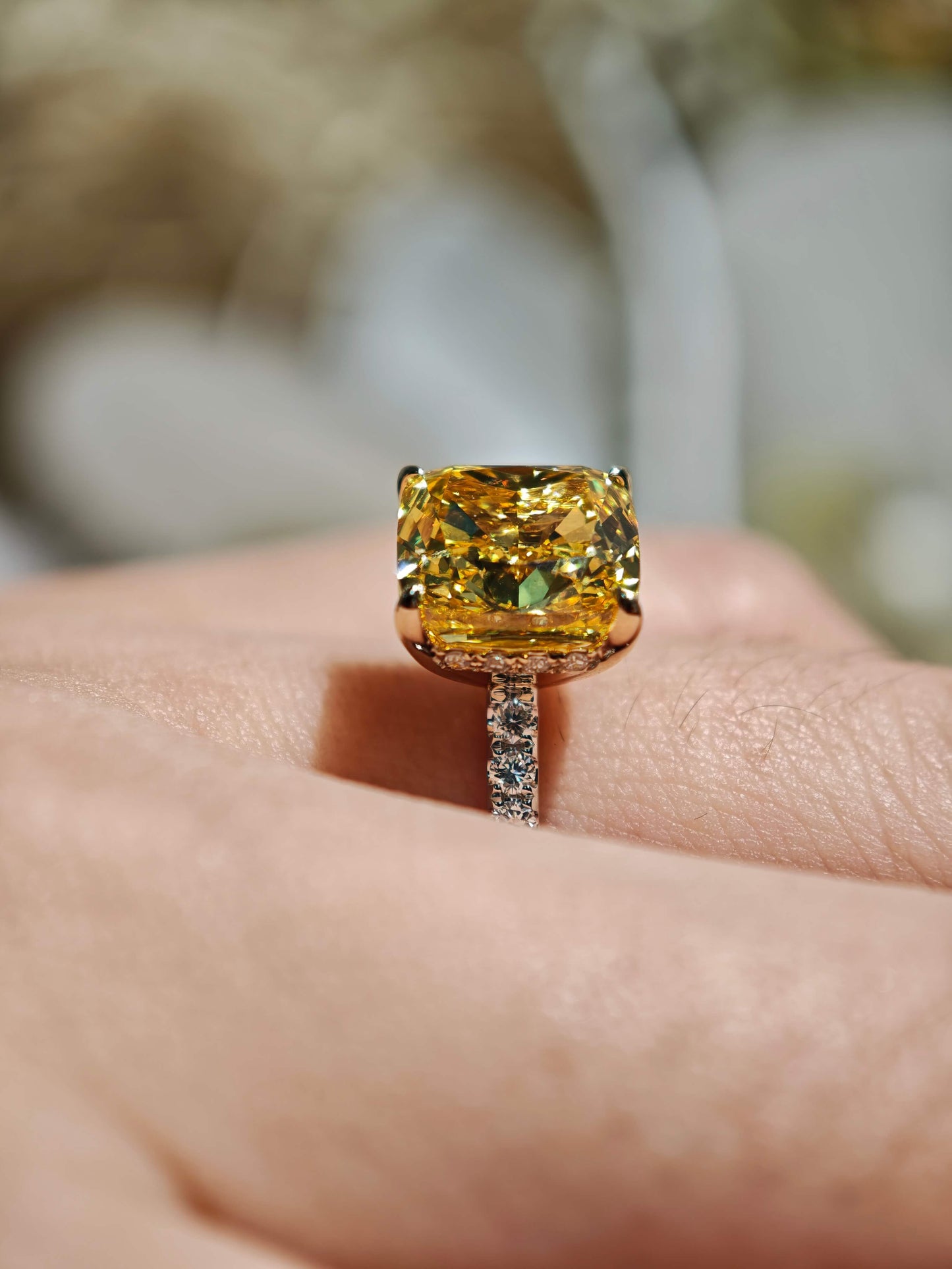3.88ct Cushion Lab Grown Vivid Yellow Diamond Engagement Ring, 14K Two Tone ( CUX 0899 )