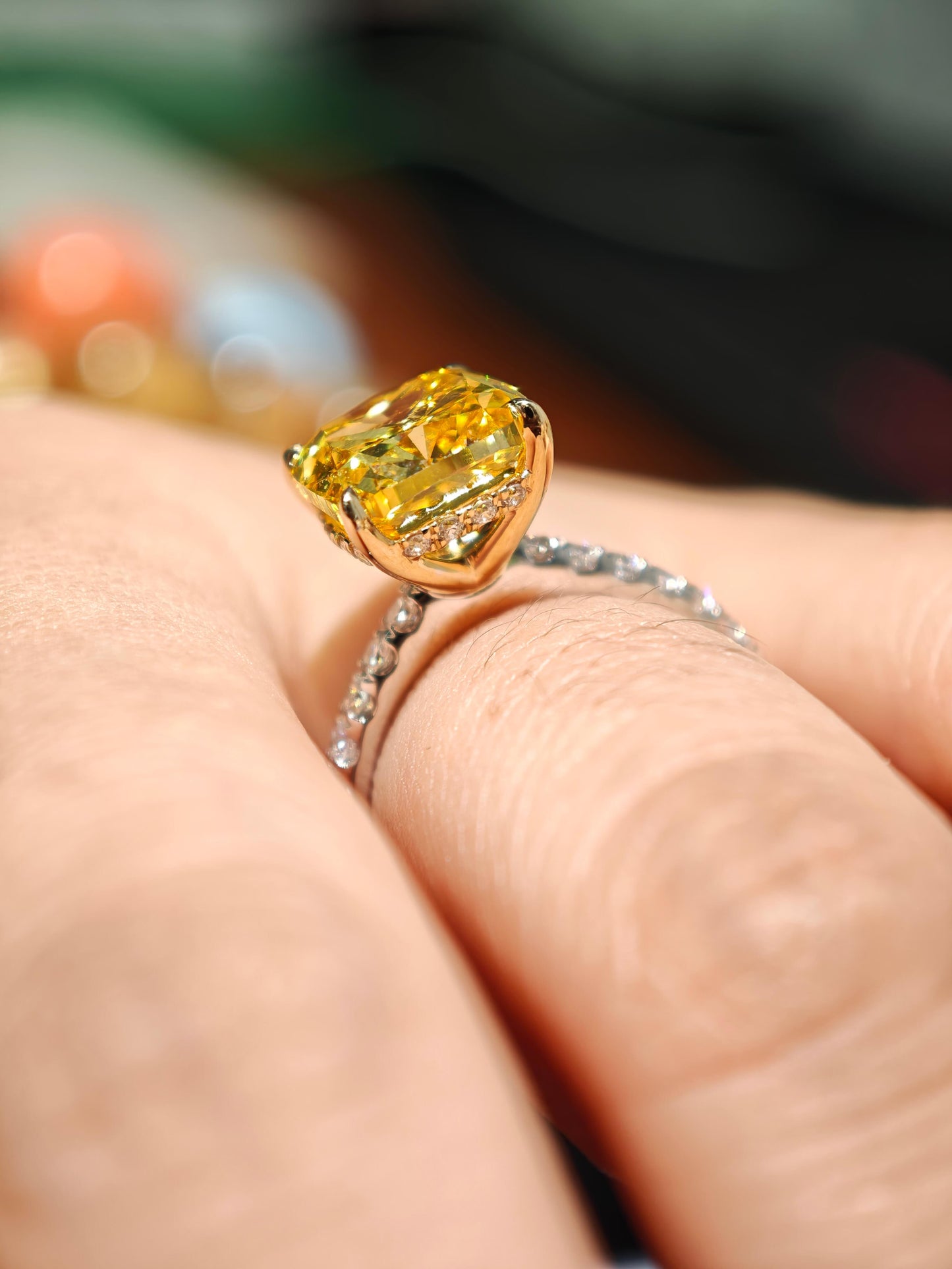 3.88ct Cushion Lab Grown Vivid Yellow Diamond Engagement Ring, 14K Two Tone ( CUX 0899 )