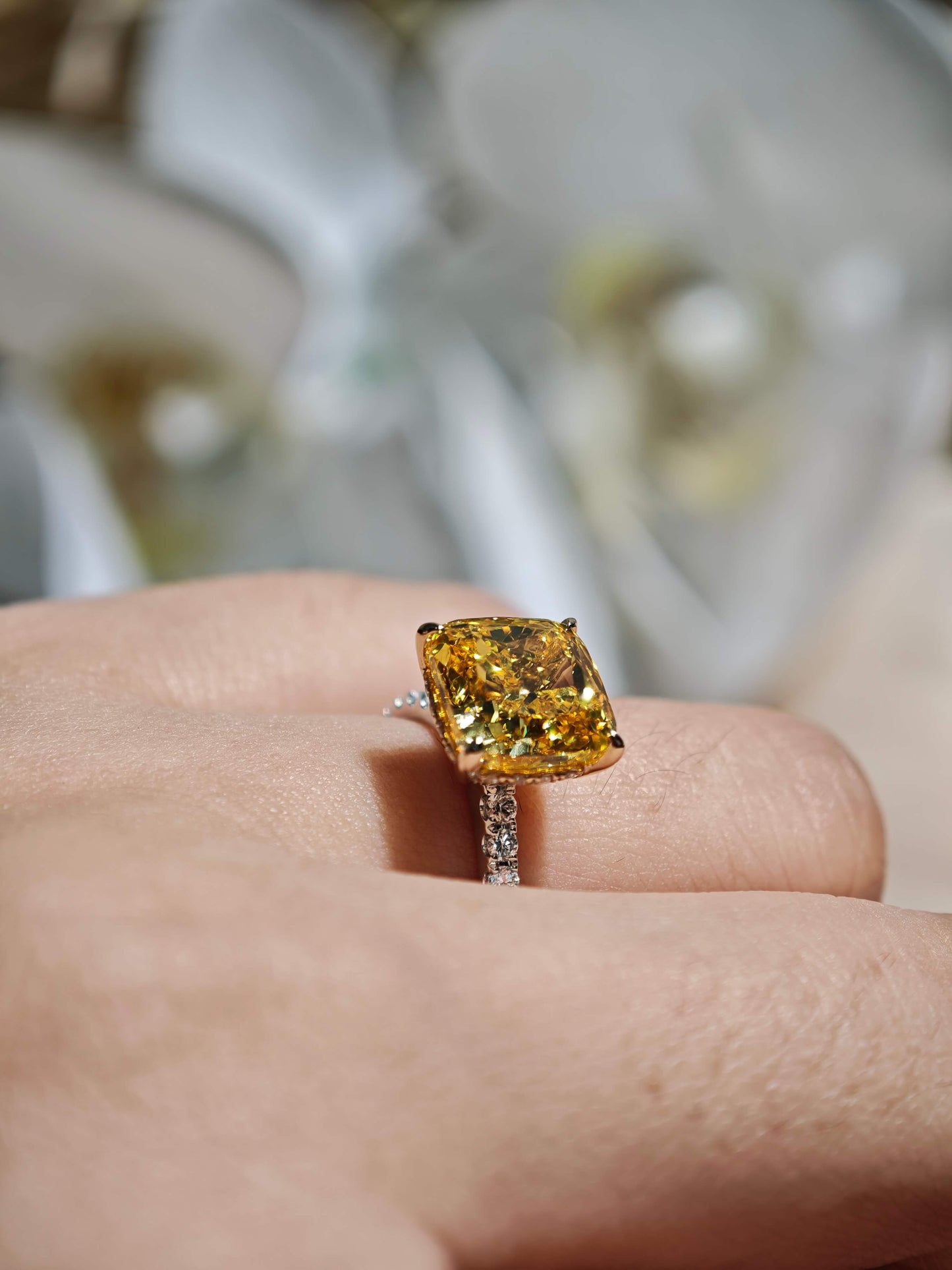 3.88ct Cushion Lab Grown Vivid Yellow Diamond Engagement Ring, 14K Two Tone ( CUX 0899 )