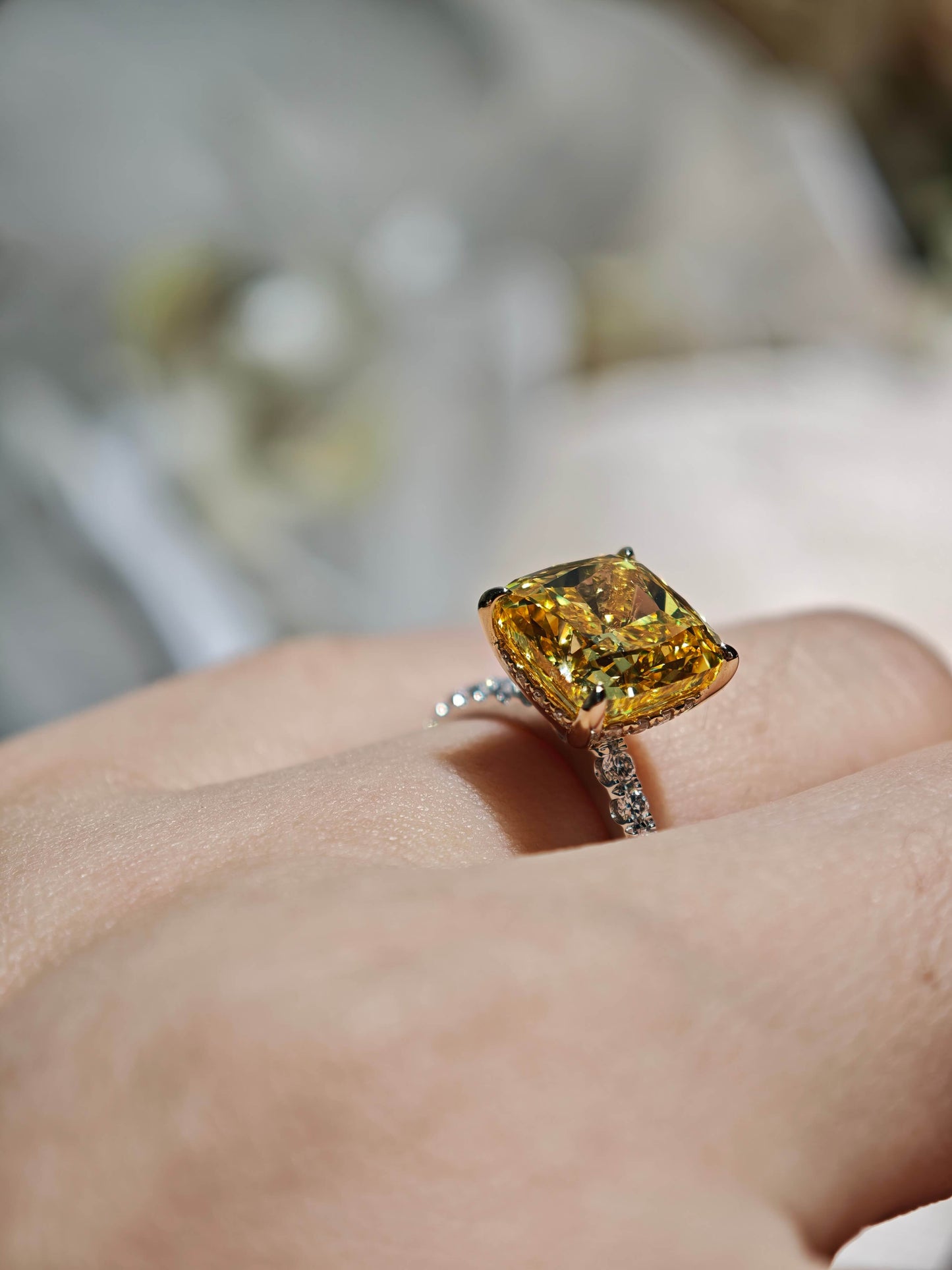 3.88ct Cushion Lab Grown Vivid Yellow Diamond Engagement Ring, 14K Two Tone ( CUX 0899 )