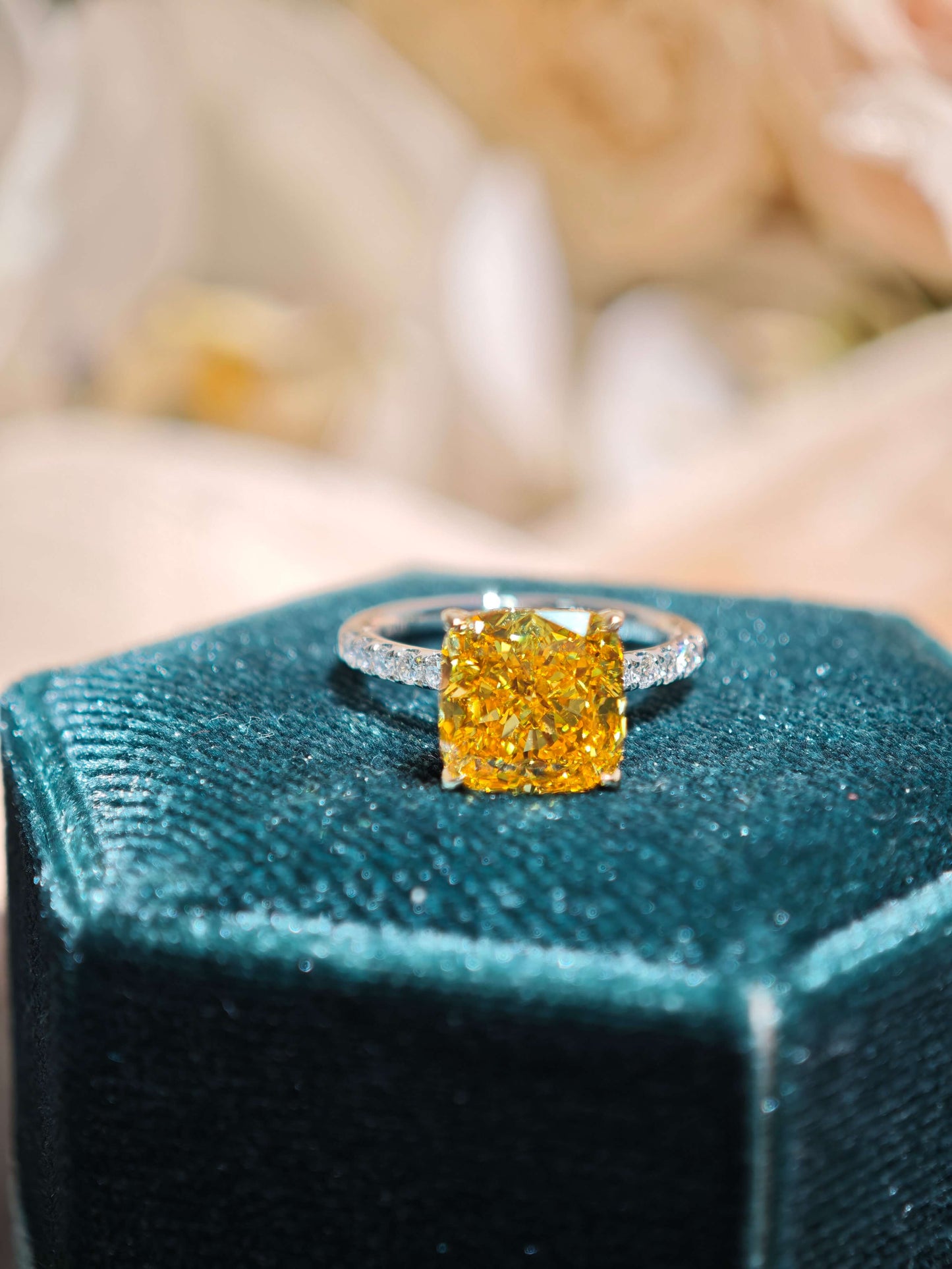 3.88ct Cushion Lab Grown Vivid Yellow Diamond Engagement Ring, 14K Two Tone ( CUX 0899 )