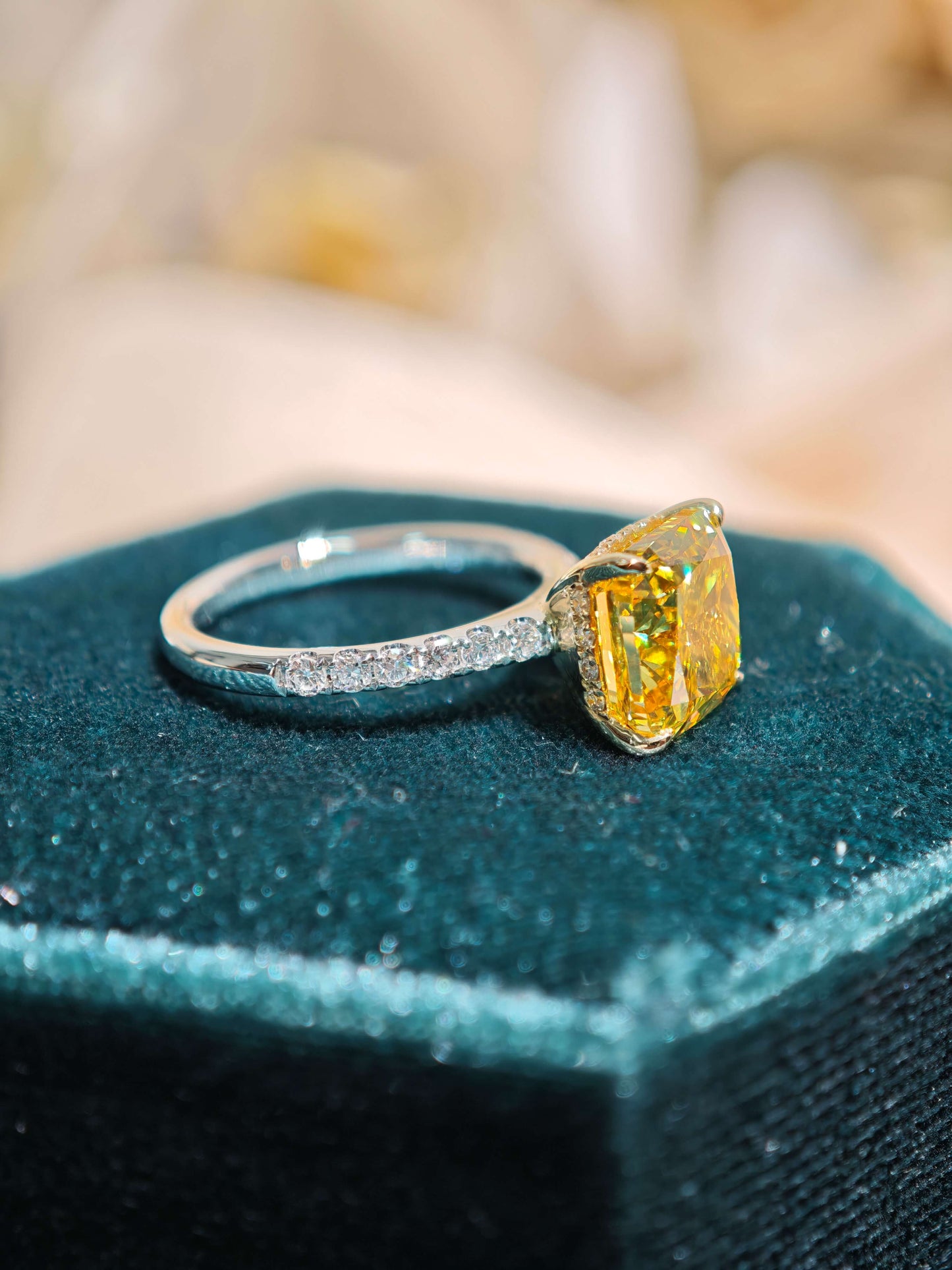 3.88ct Cushion Lab Grown Vivid Yellow Diamond Engagement Ring, 14K Two Tone ( CUX 0899 )