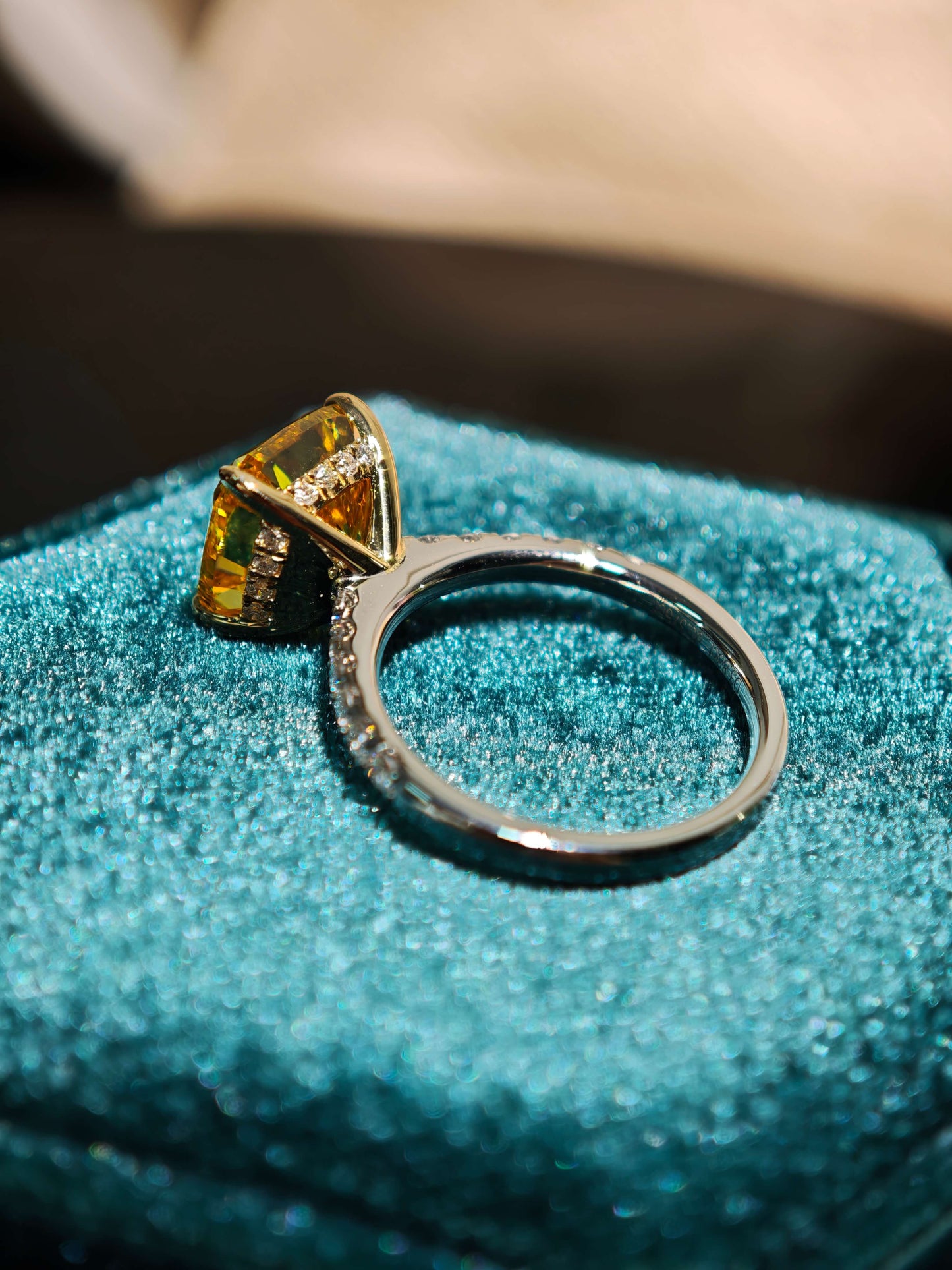3.88ct Cushion Lab Grown Vivid Yellow Diamond Engagement Ring, 14K Two Tone ( CUX 0899 )