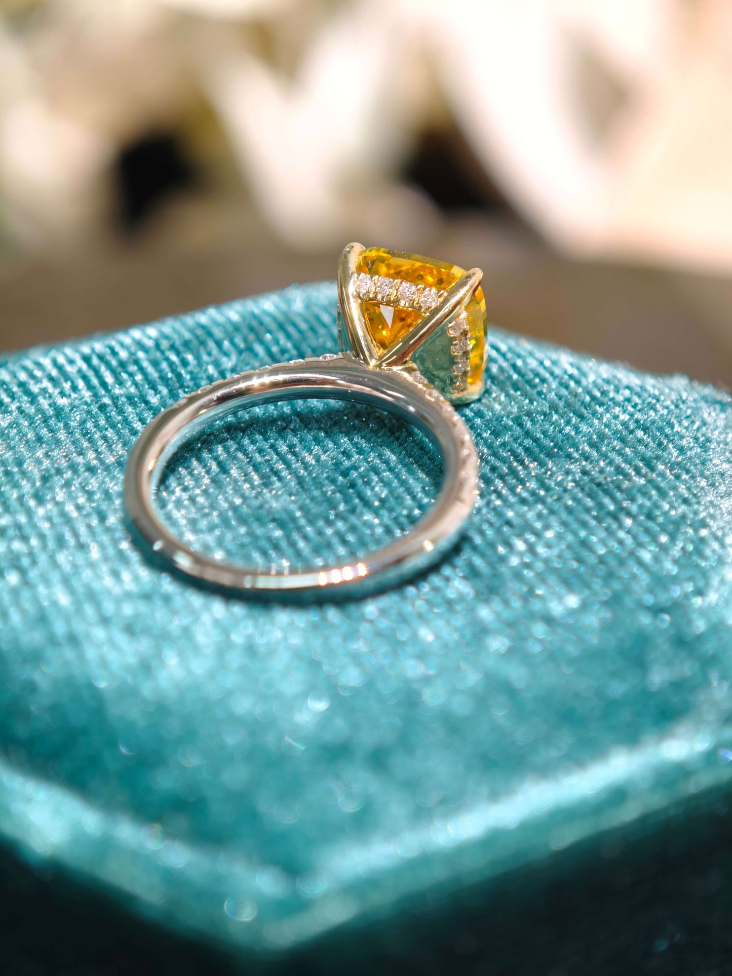 3.88ct Cushion Lab Grown Vivid Yellow Diamond Engagement Ring, 14K Two Tone ( CUX 0899 )