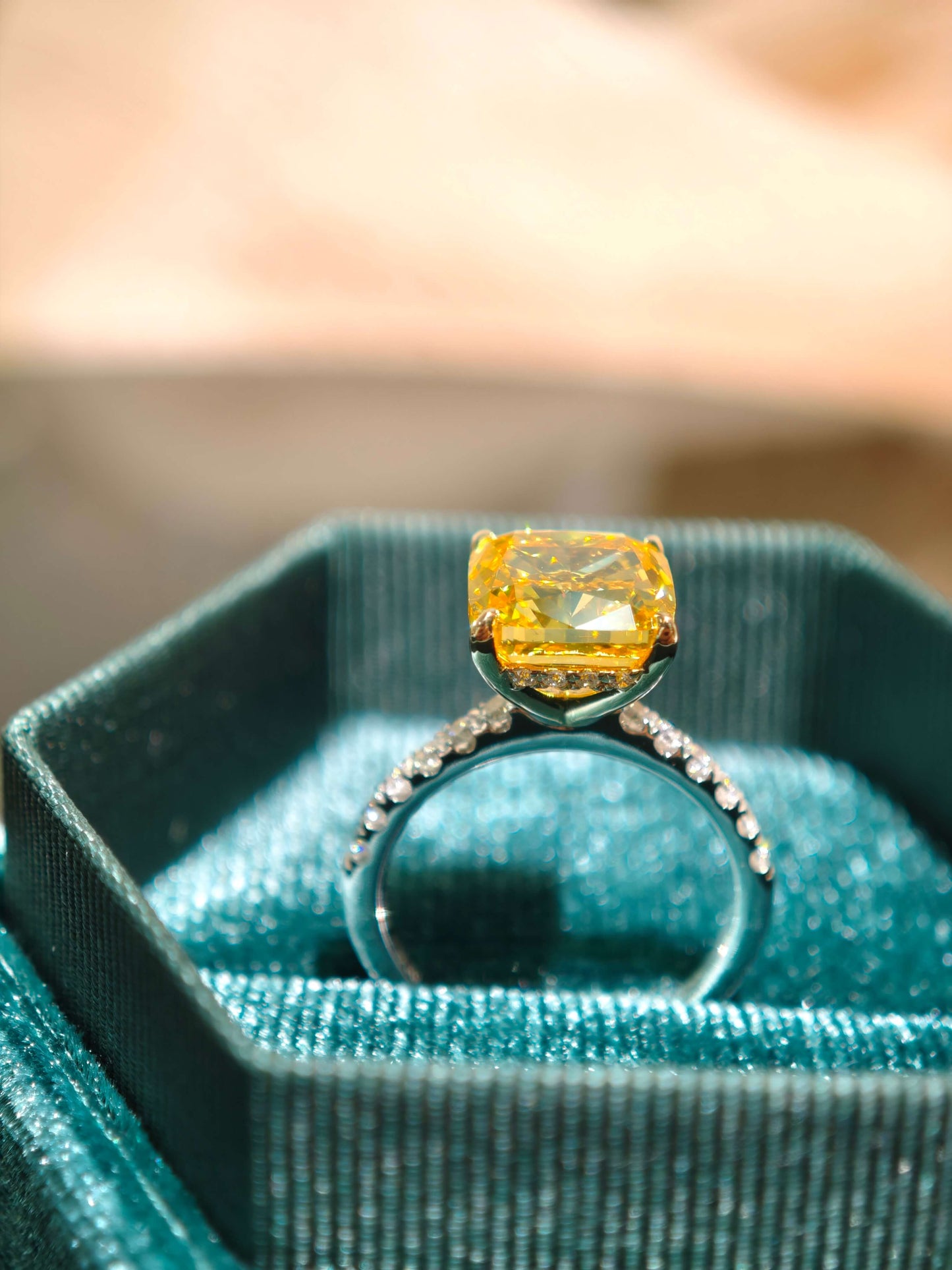 3.88ct Cushion Lab Grown Vivid Yellow Diamond Engagement Ring, 14K Two Tone ( CUX 0899 )