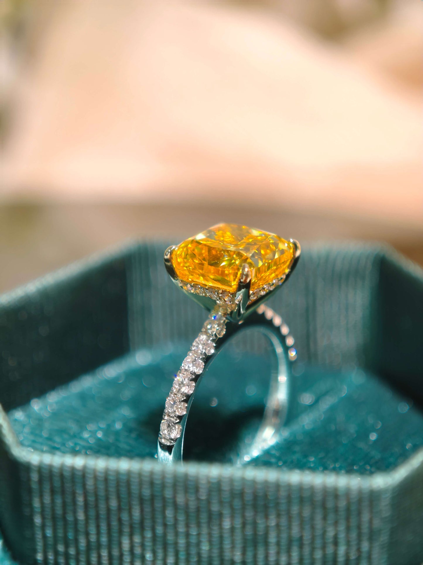 3.88ct Cushion Lab Grown Vivid Yellow Diamond Engagement Ring, 14K Two Tone ( CUX 0899 )