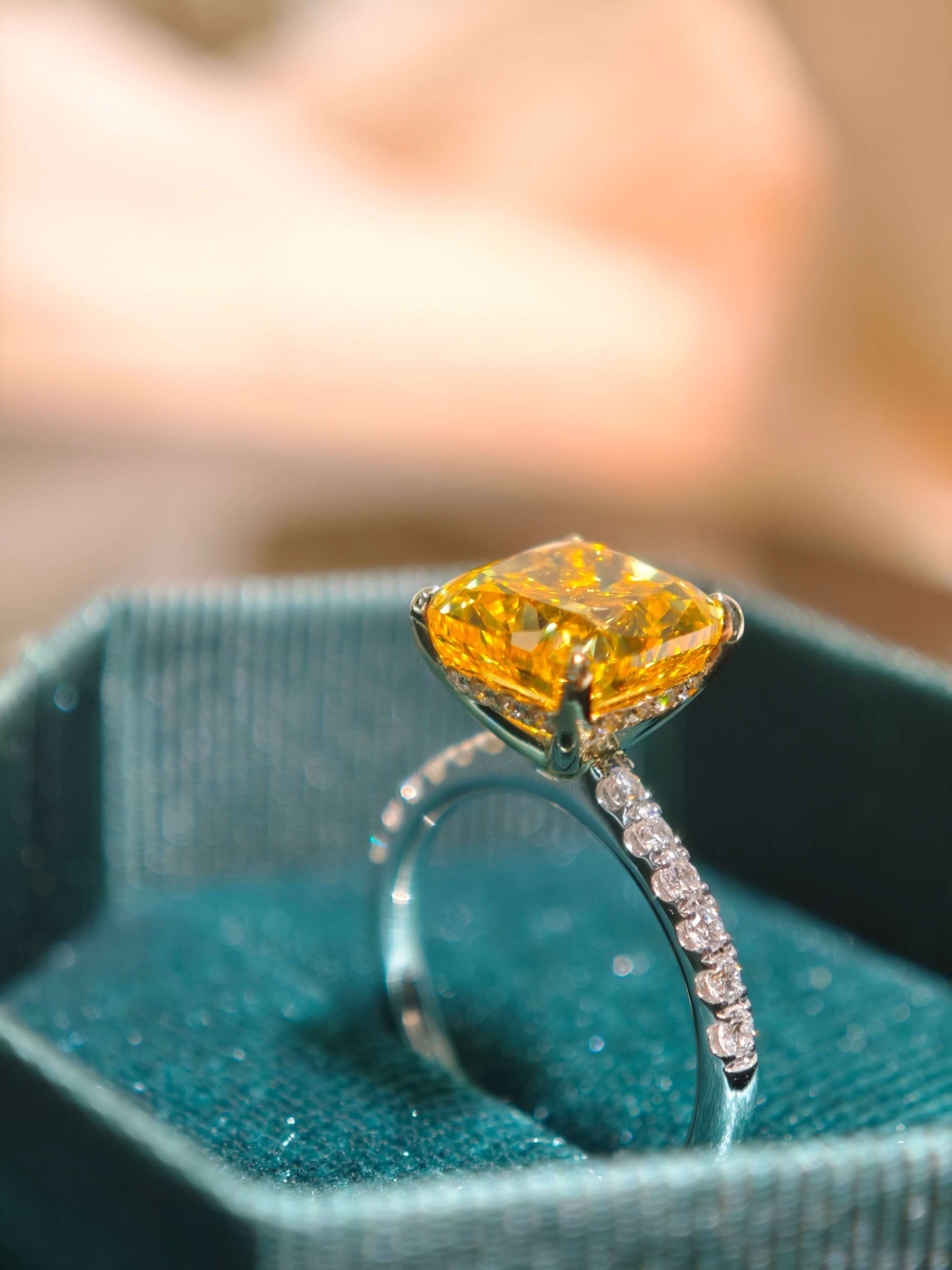 3.88ct Cushion Lab Grown Vivid Yellow Diamond Engagement Ring, 14K Two Tone ( CUX 0899 )