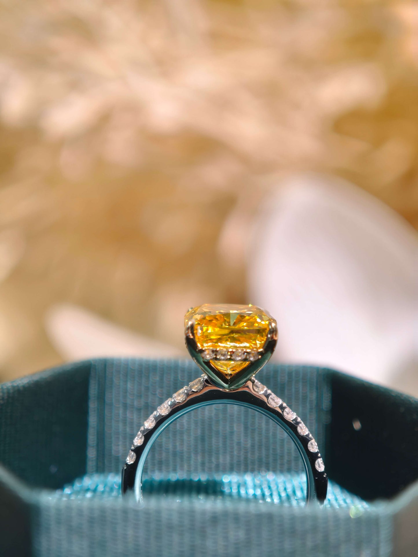3.88ct Cushion Lab Grown Vivid Yellow Diamond Engagement Ring, 14K Two Tone ( CUX 0899 )