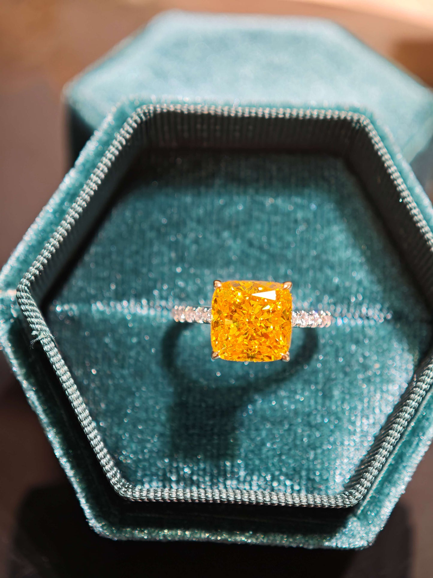 3.88ct Cushion Lab Grown Vivid Yellow Diamond Engagement Ring, 14K Two Tone ( CUX 0899 )