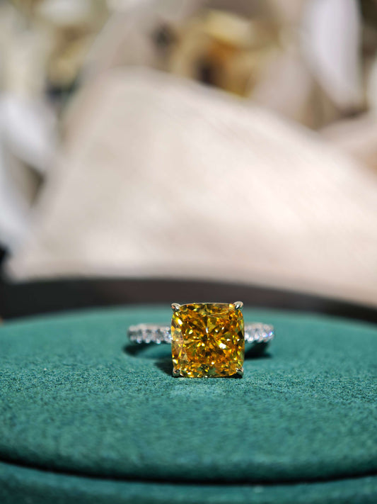 3.88ct Cushion Lab Grown Vivid Yellow Diamond Engagement Ring, 14K Two Tone ( CUX 0899 )