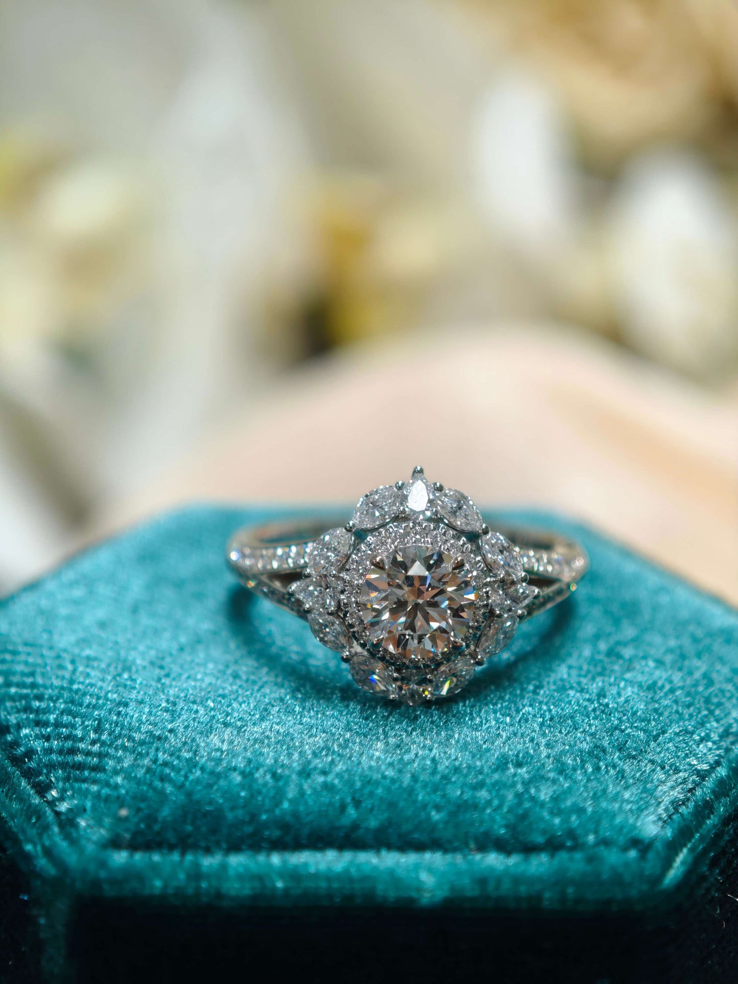 14K Floral Halo Lab Grown Diamond Engagement Ring ( ROX 0899 )