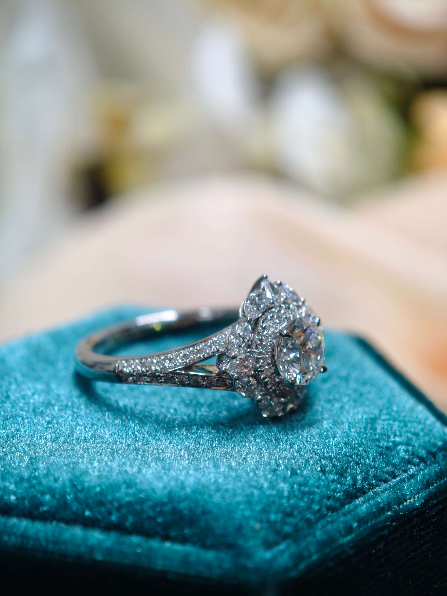 14K Floral Halo Lab Grown Diamond Engagement Ring ( ROX 0899 )