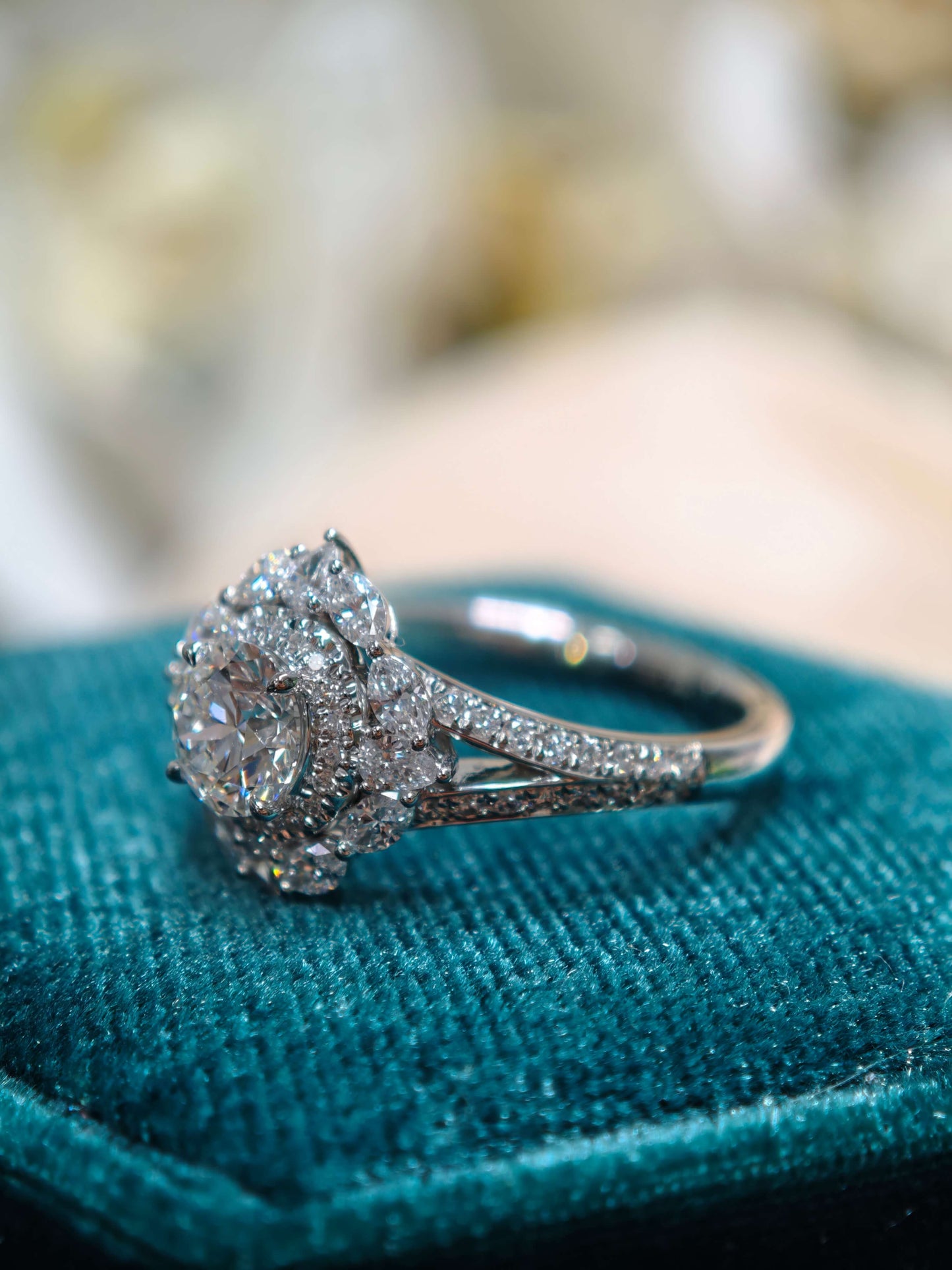 14K Floral Halo Lab Grown Diamond Engagement Ring ( ROX 0899 )