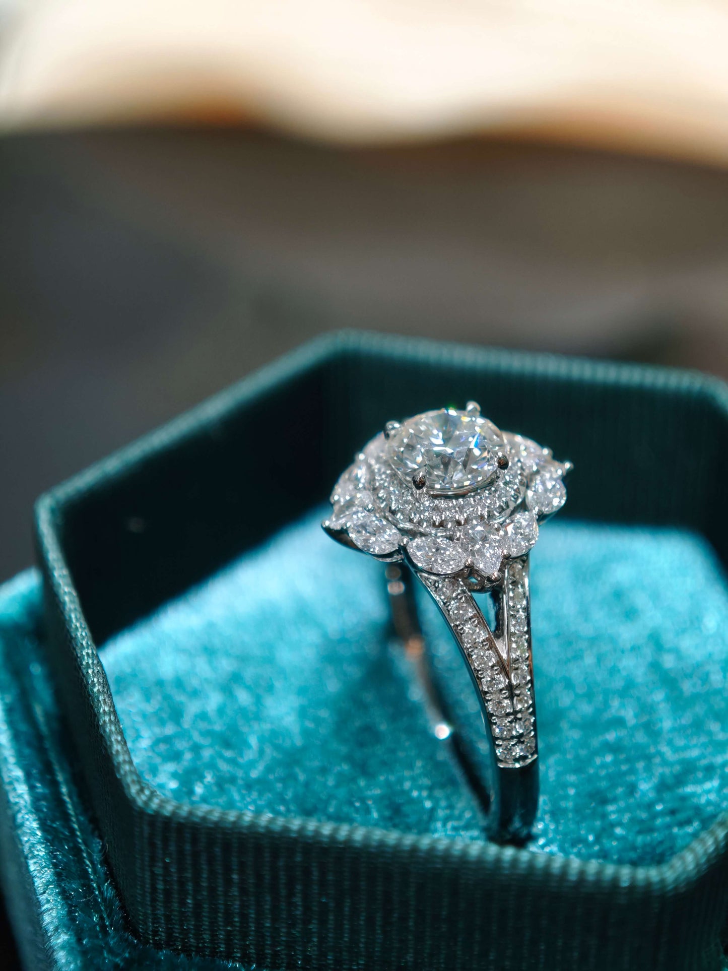 14K Floral Halo Lab Grown Diamond Engagement Ring ( ROX 0899 )