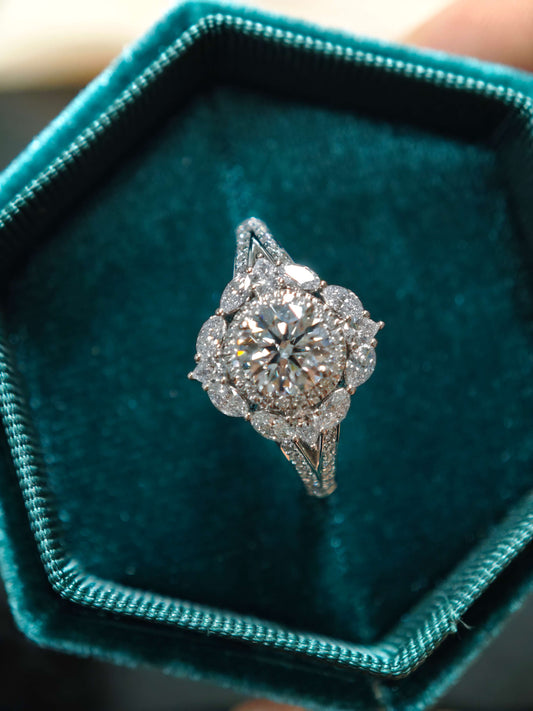 14K Floral Halo Lab Grown Diamond Engagement Ring ( ROX 0899 )