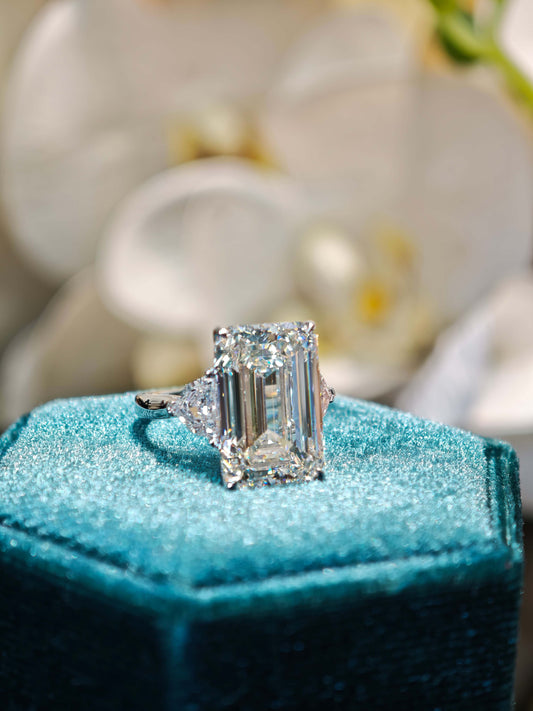 10.07ct 9K Gold Emerald Cut Lab Diamond Engagement Ring: Unique Shield cut Accents, IGI Certified (EMX 0063)