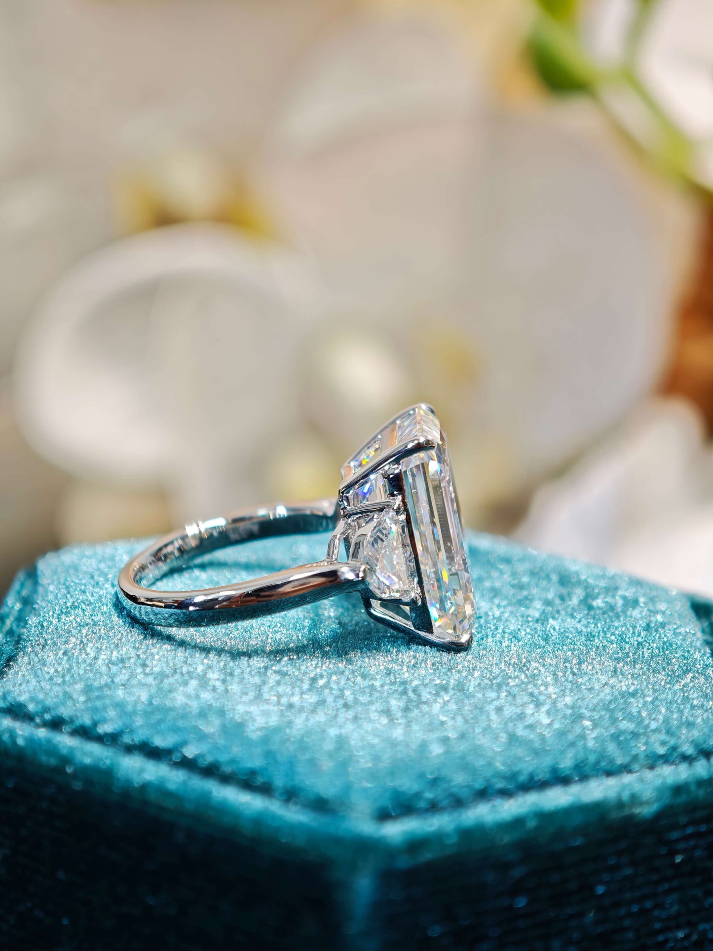 10.07ct 9K Gold Emerald Cut Lab Diamond Engagement Ring: Unique Shield cut Accents, IGI Certified (EMX 0063)