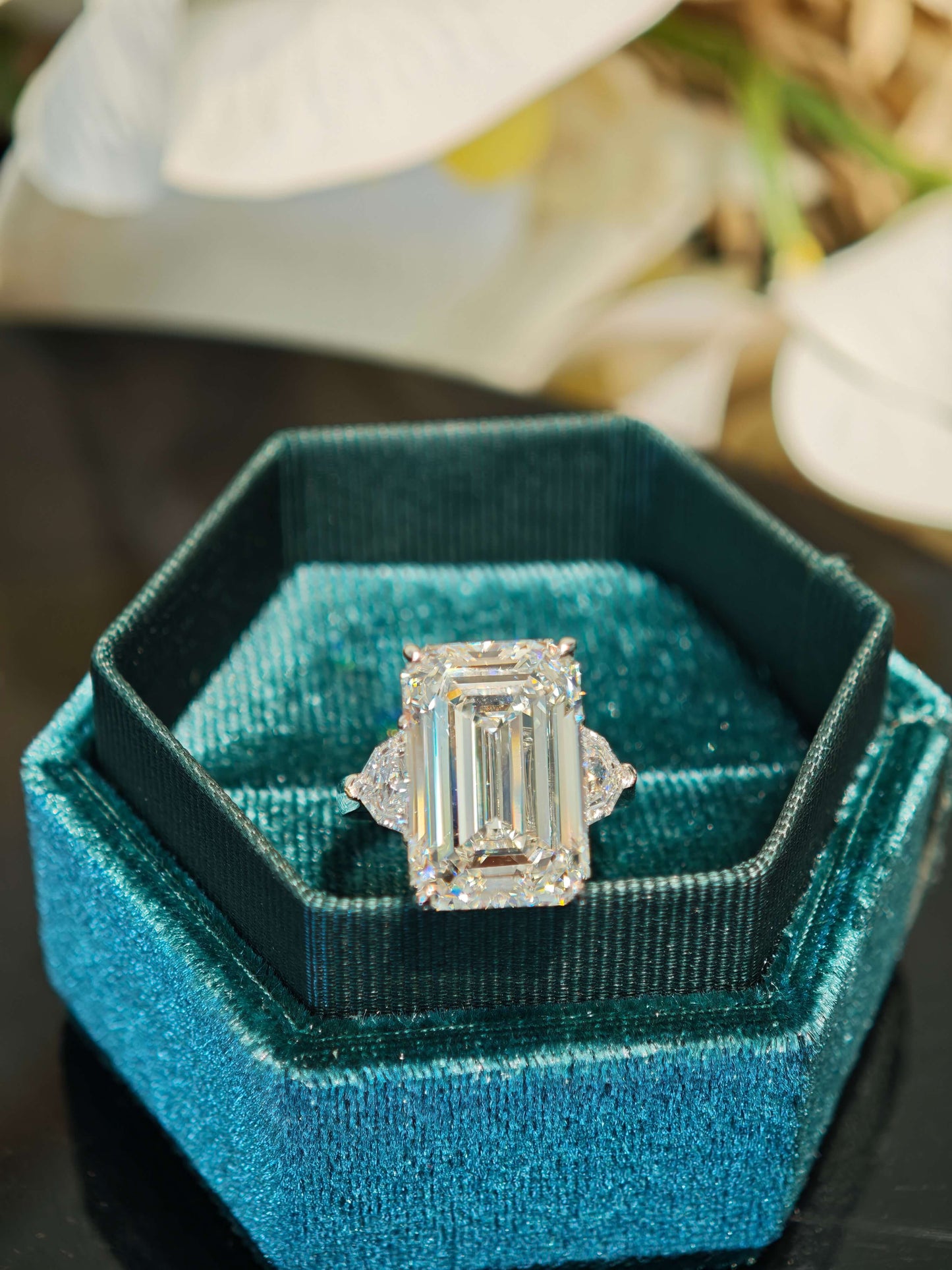 10.07ct 9K Gold Emerald Cut Lab Diamond Engagement Ring: Unique Shield cut Accents, IGI Certified (EMX 0063)
