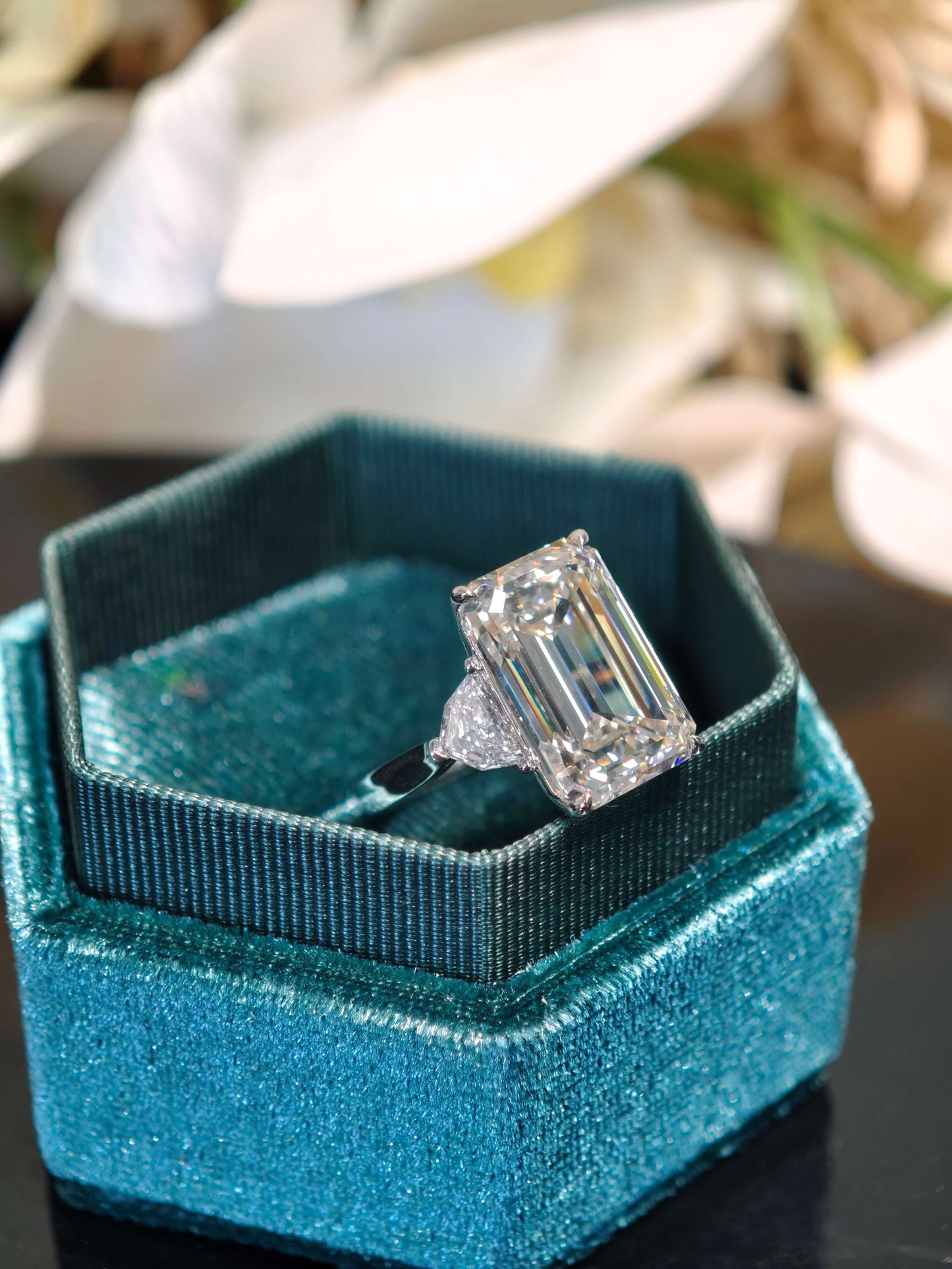 10.07ct 9K Gold Emerald Cut Lab Diamond Engagement Ring: Unique Shield cut Accents, IGI Certified (EMX 0063)
