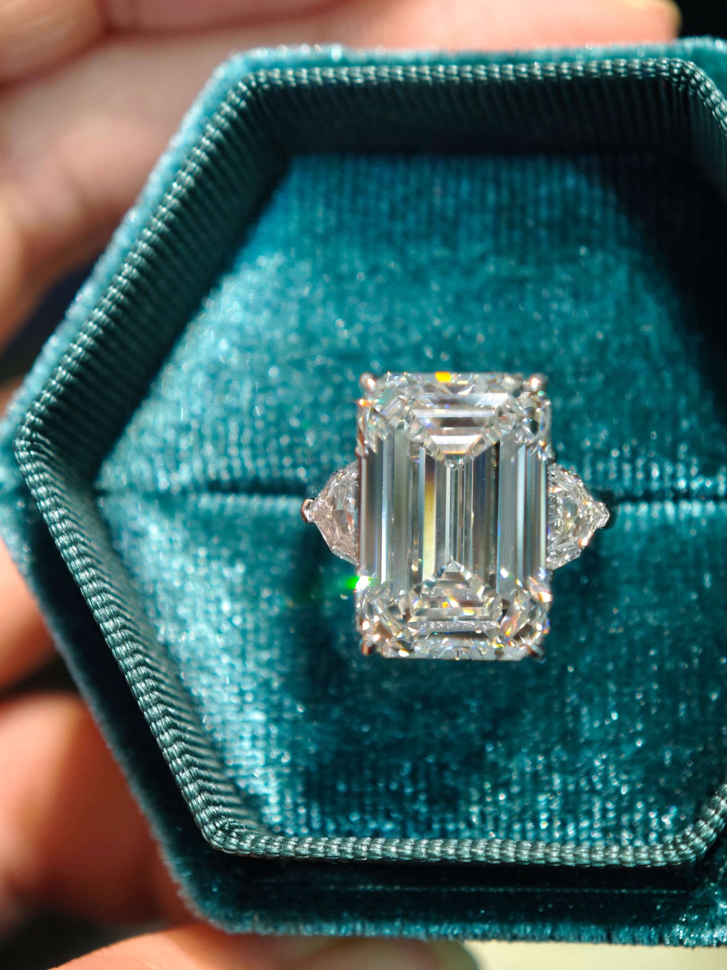 10.07ct 9K Gold Emerald Cut Lab Diamond Engagement Ring: Unique Shield cut Accents, IGI Certified (EMX 0063)