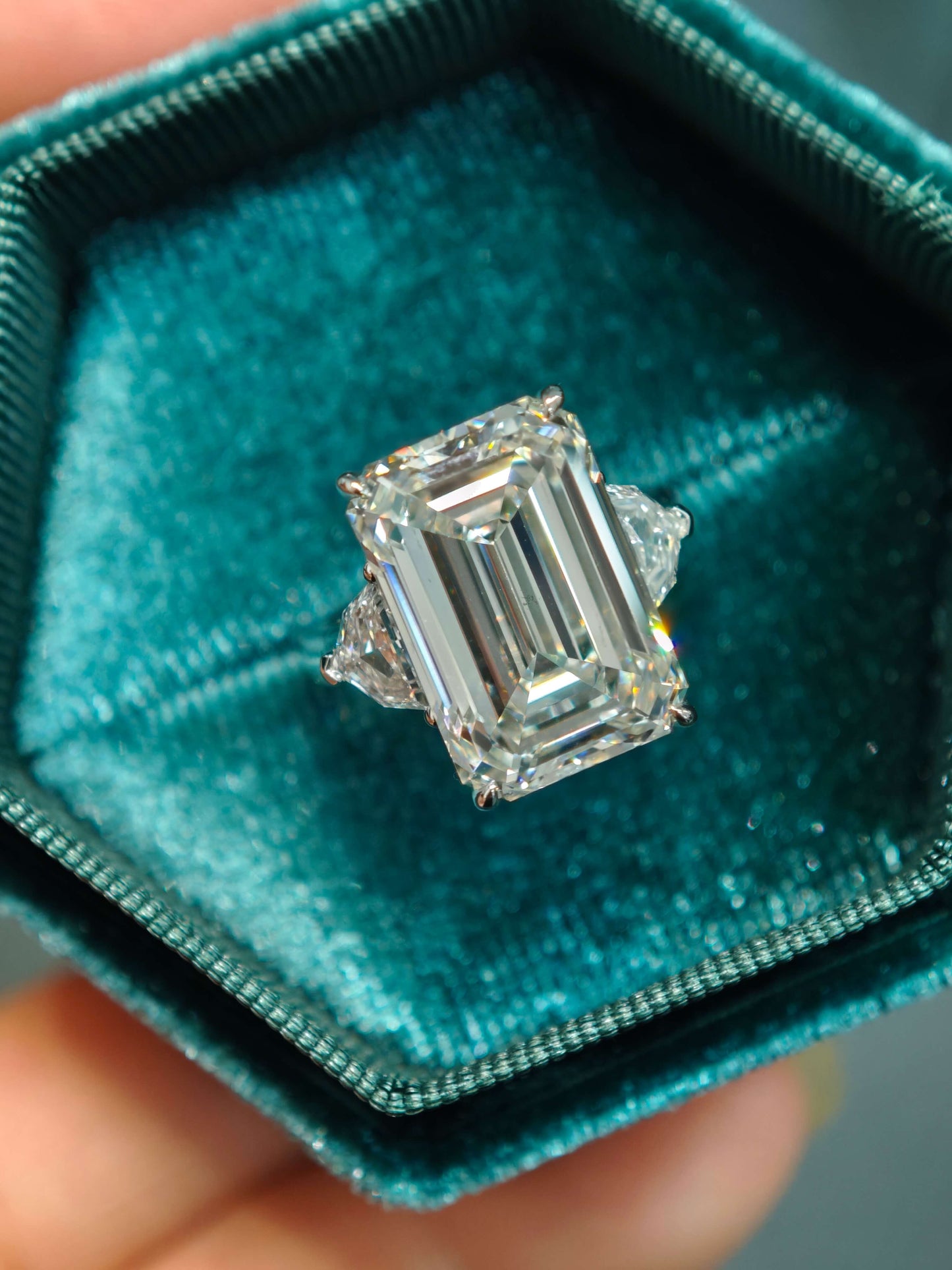 10.07ct 9K Gold Emerald Cut Lab Diamond Engagement Ring: Unique Shield cut Accents, IGI Certified (EMX 0063)