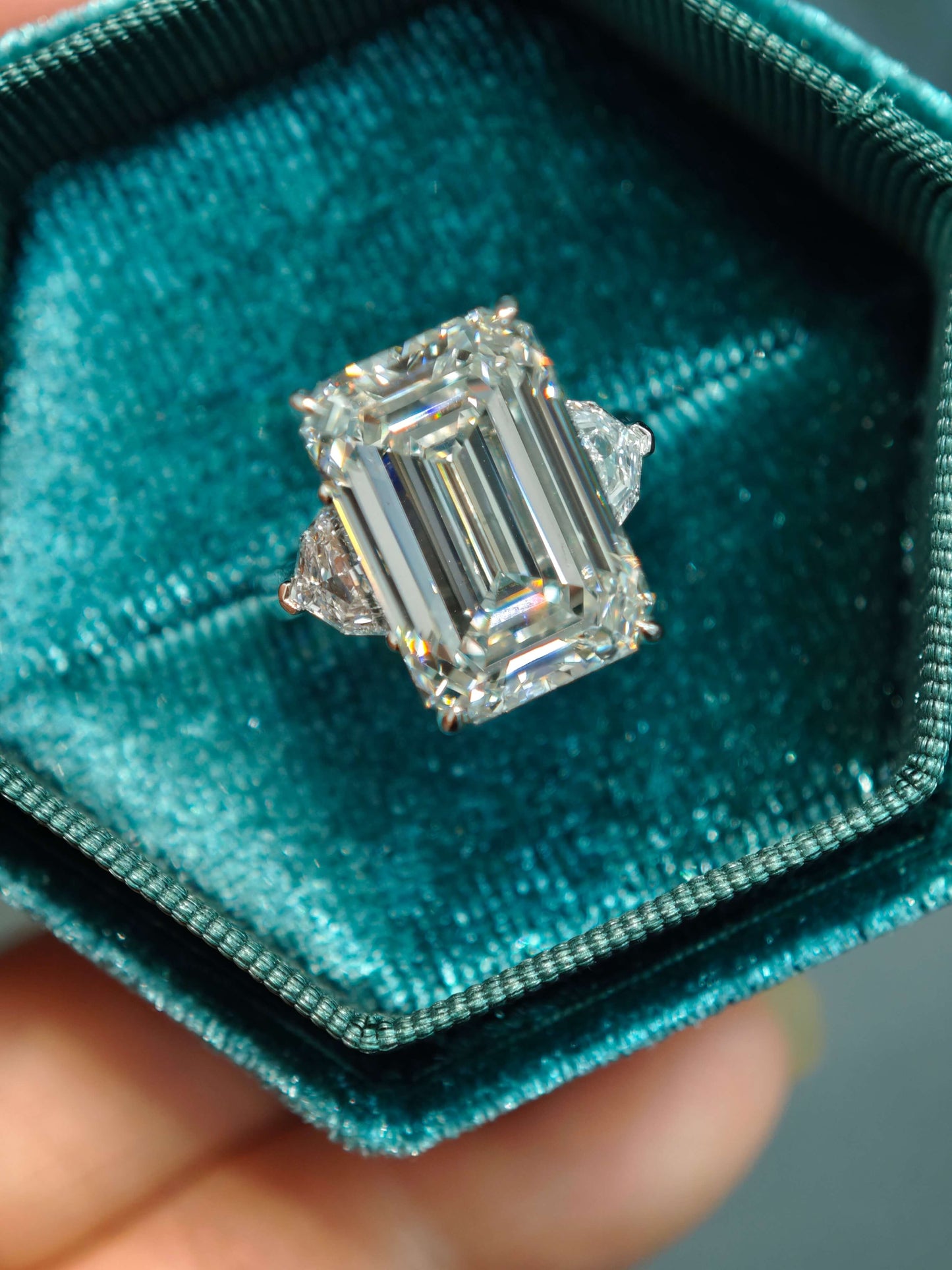 10.07ct 9K Gold Emerald Cut Lab Diamond Engagement Ring: Unique Shield cut Accents, IGI Certified (EMX 0063)