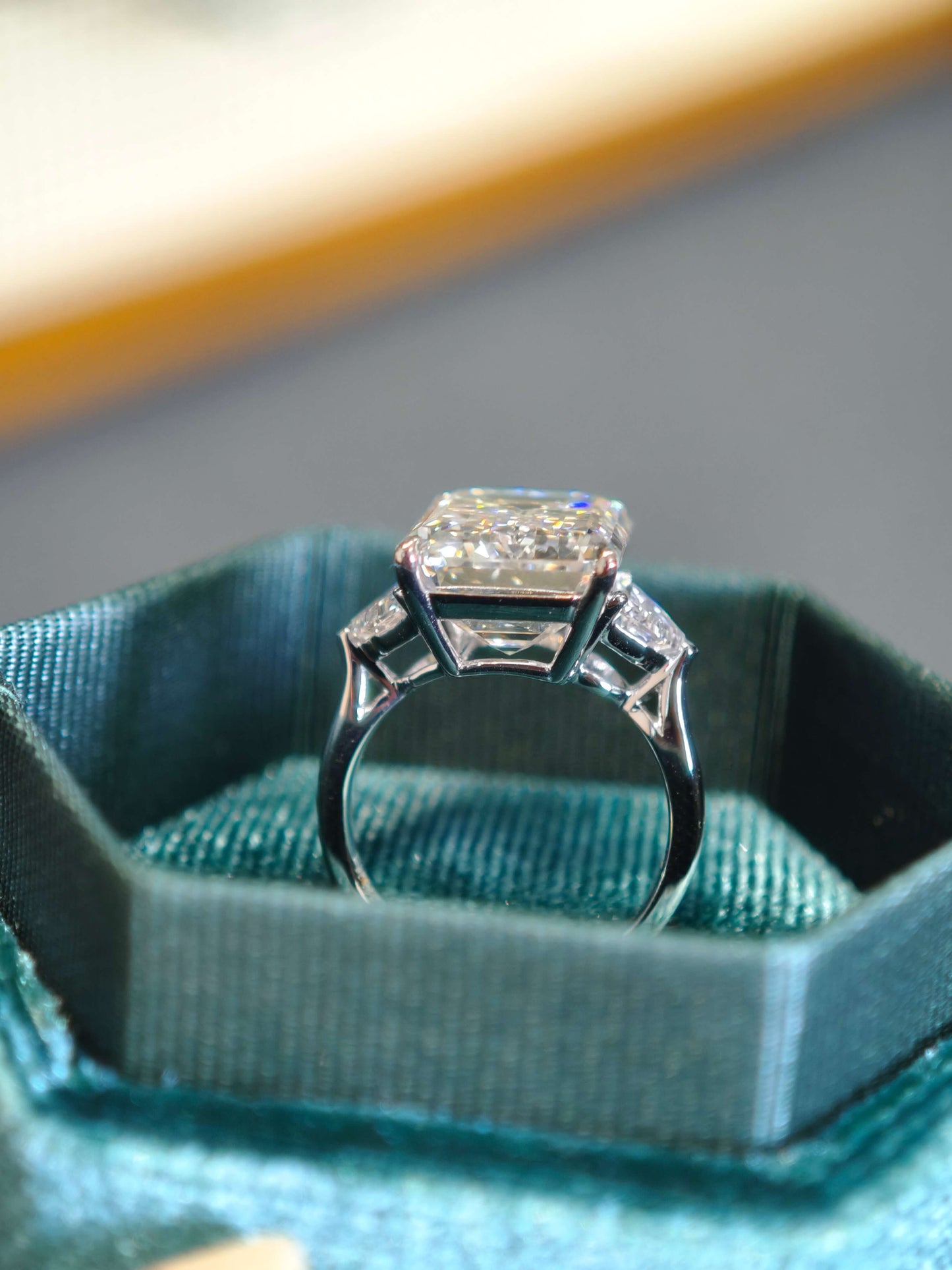 10.07ct 9K Gold Emerald Cut Lab Diamond Engagement Ring: Unique Shield cut Accents, IGI Certified (EMX 0063)