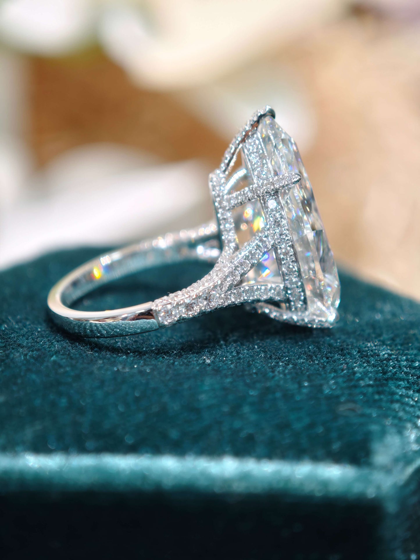10.58ct 9K Gold Lab Pear Diamond Ring - Pear cut Water Drop Shape, E VVS2 Hidden Halo Cathedral Setting (PEX 0069)