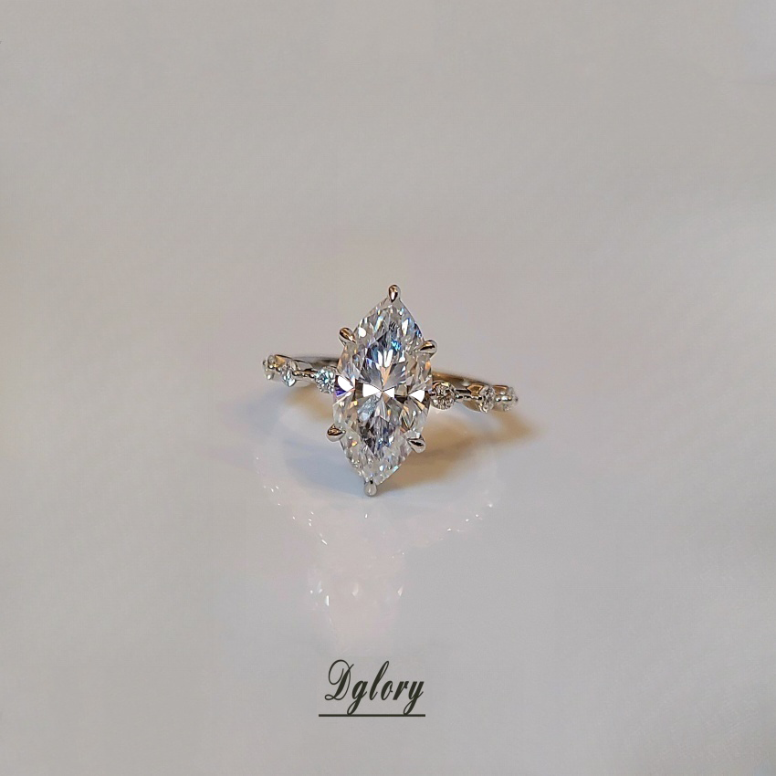 Moissanite 14K 3CT Marquise 7x14mm side moissanite with 3 Moissanite Stones spaced out, Engagement Ring, GRA Certified, Hidden Halo ,6-Prong
