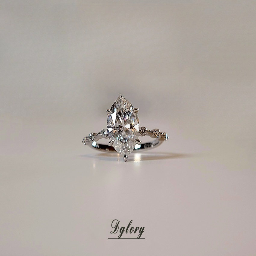 Moissanite 14K 3CT Marquise 7x14mm side moissanite with 3 Moissanite Stones spaced out, Engagement Ring, GRA Certified, Hidden Halo ,6-Prong
