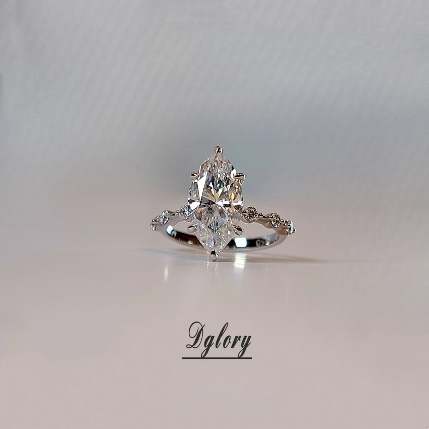 Moissanite 14K 3CT Marquise 7x14mm side moissanite with 3 Moissanite Stones spaced out, Engagement Ring, GRA Certified, Hidden Halo ,6-Prong