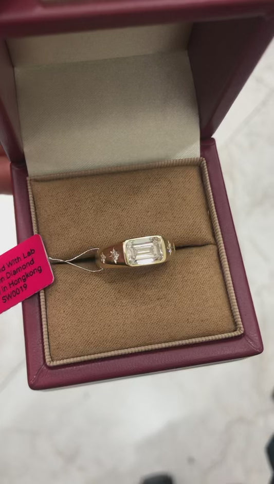 Mir Aut LIVESTREAM 2-2 link solid 14K yellow gold 2ct emerald cut E VS1 with IGI certificate east-west setting chunky band size 6 (Copy)