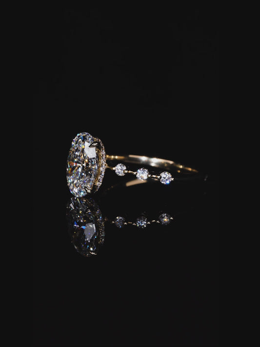 Tiktok Livestream Lab Grown Diamond Ring, 14K 3 CT, F VS1, Lab Oval, Engagement Ring, IGI Certified, Hidden Halo Over Prongs ,  3 Lab Space Out Either Side (ST 0008-2)